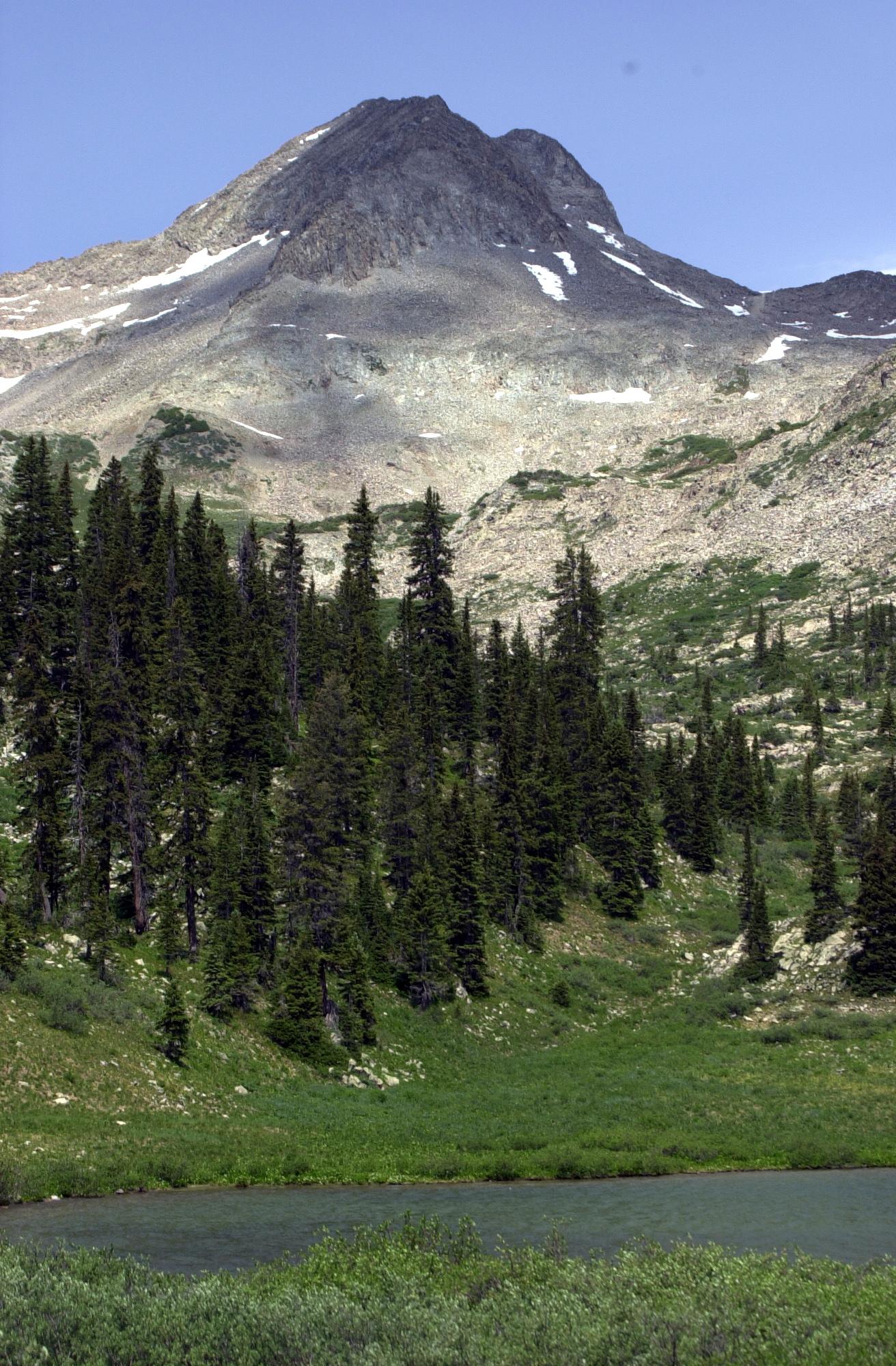 Rocky mountain with snow, evergreen forest, and a calm lake under daylight.
