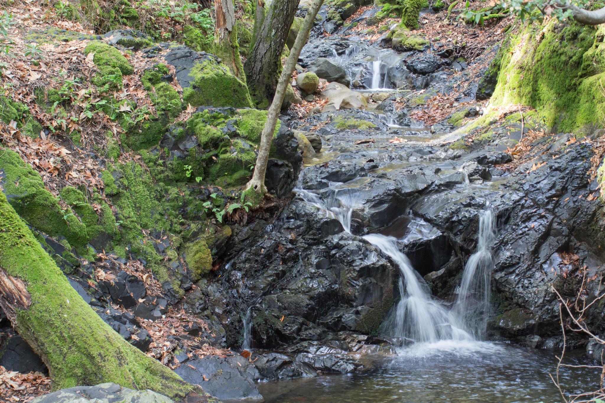 Small waterfall cascading over mossy rocks into a clear pool.