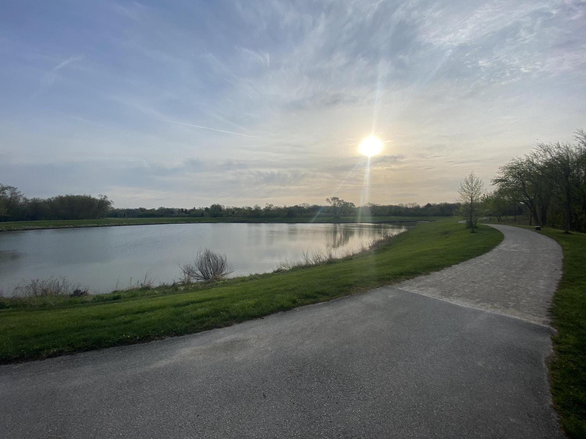 A paved path curves beside a calm lake under a bright, low sun.