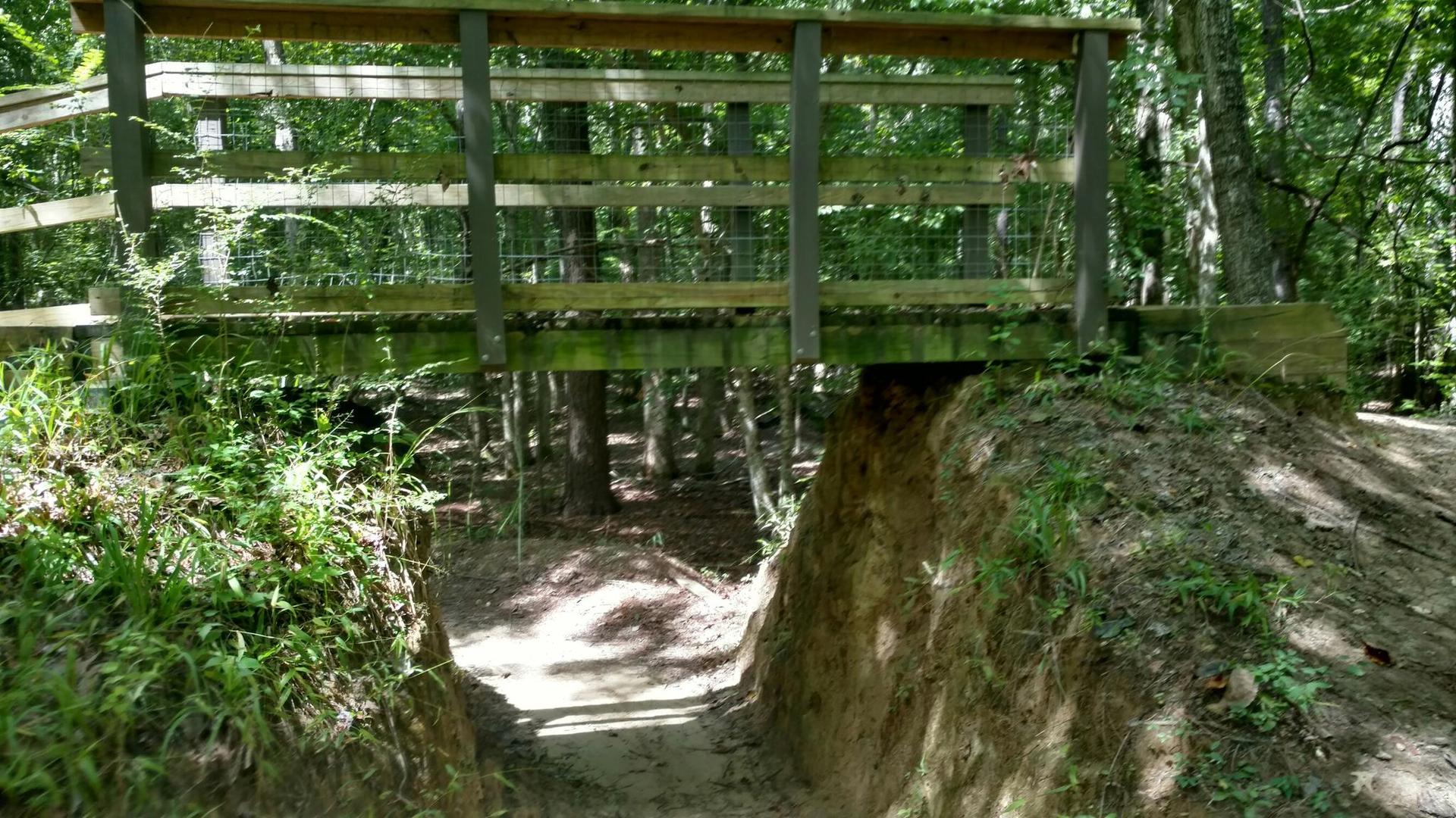 A wooden pedestrian bridge crosses over a shaded dirt path in a forest.