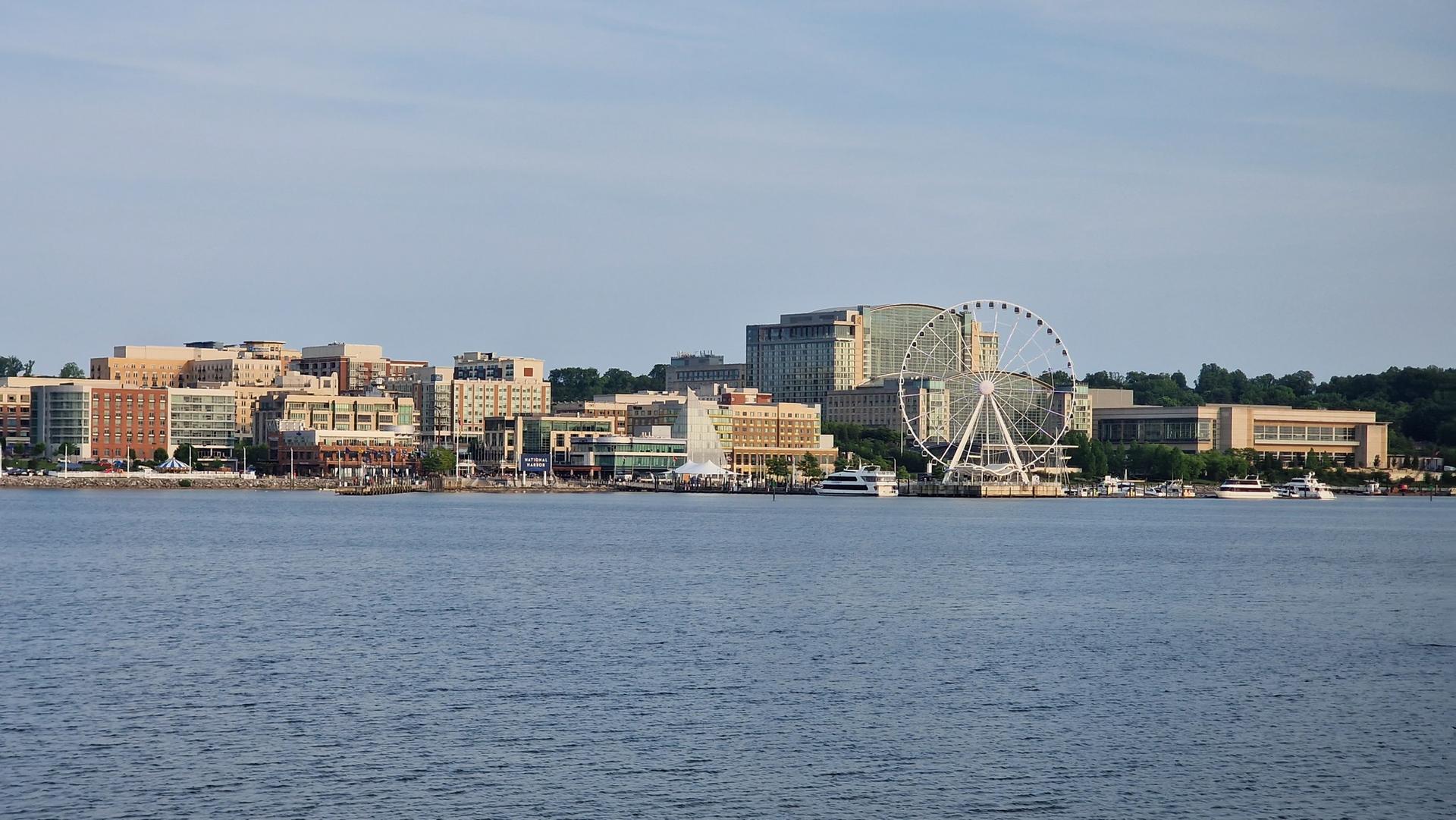 Wide river with a distant city skyline and large Ferris wheel.