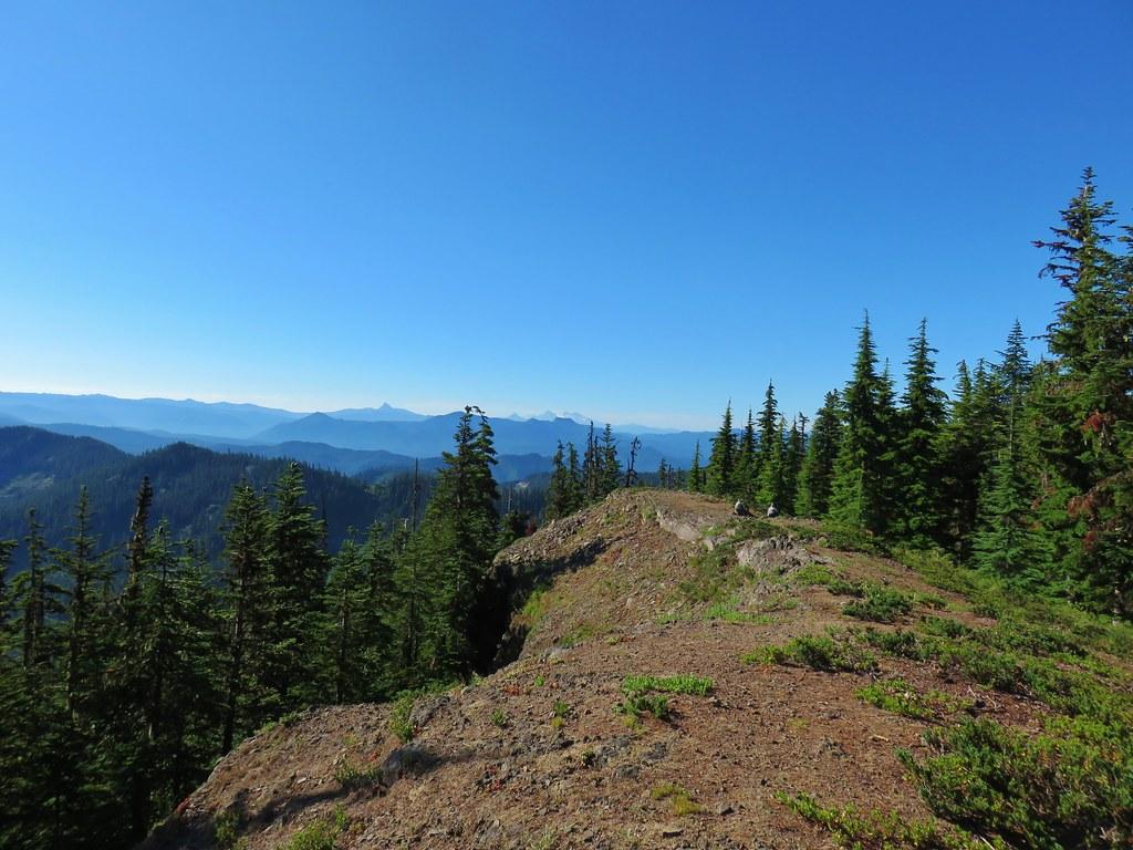 Dirt path on a forested ridge overlooking hazy distant mountains under a clear blue sky.