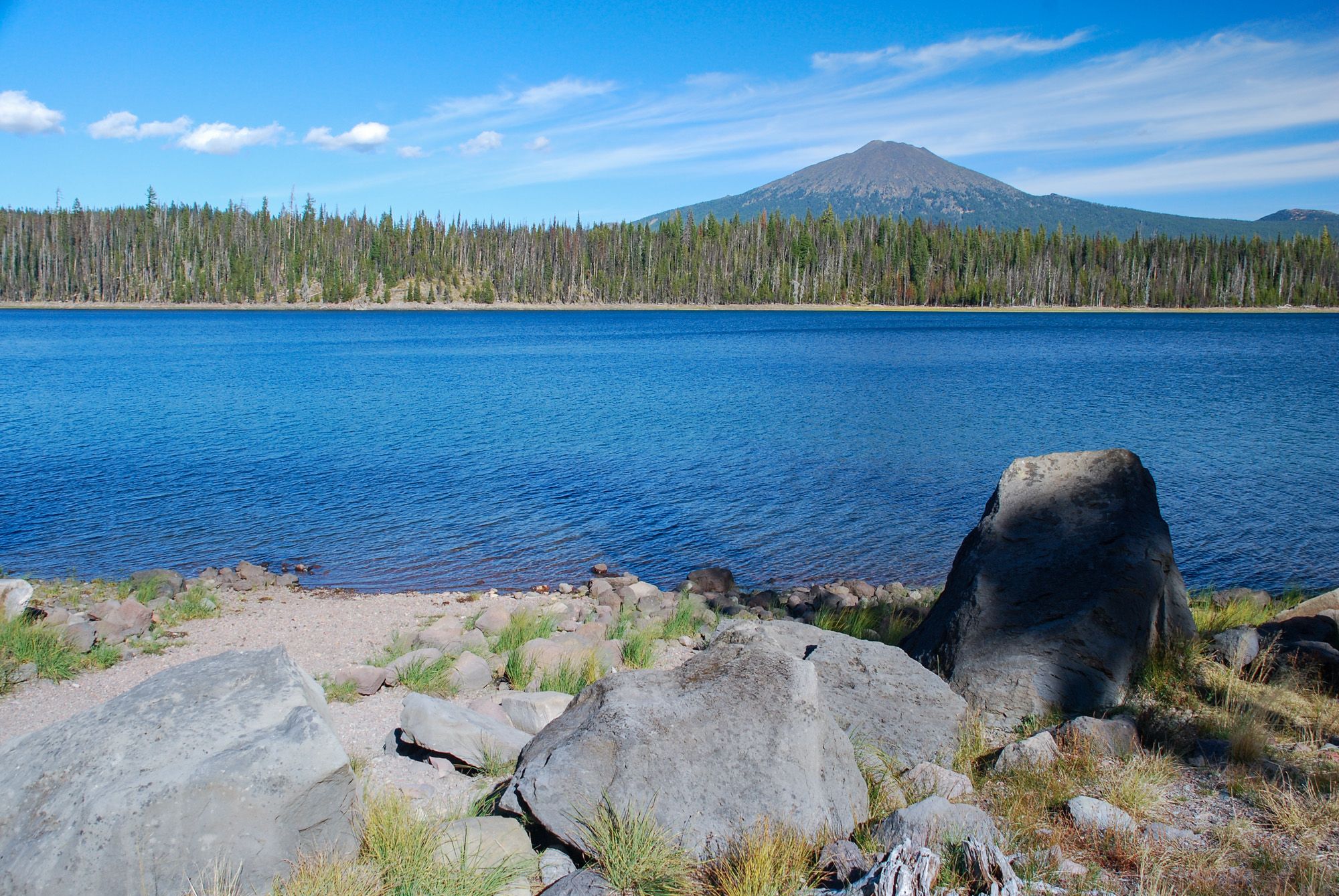 Vast blue lake with a forested shore, distant mountain, and large rocks. - Elk Lake – Elk Lake & Resort loop from Elk Mountain