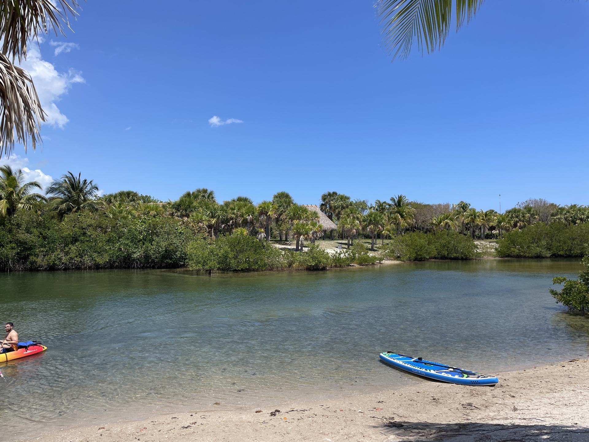 Person kayaking in clear water next to a sandy shore with a paddleboard.