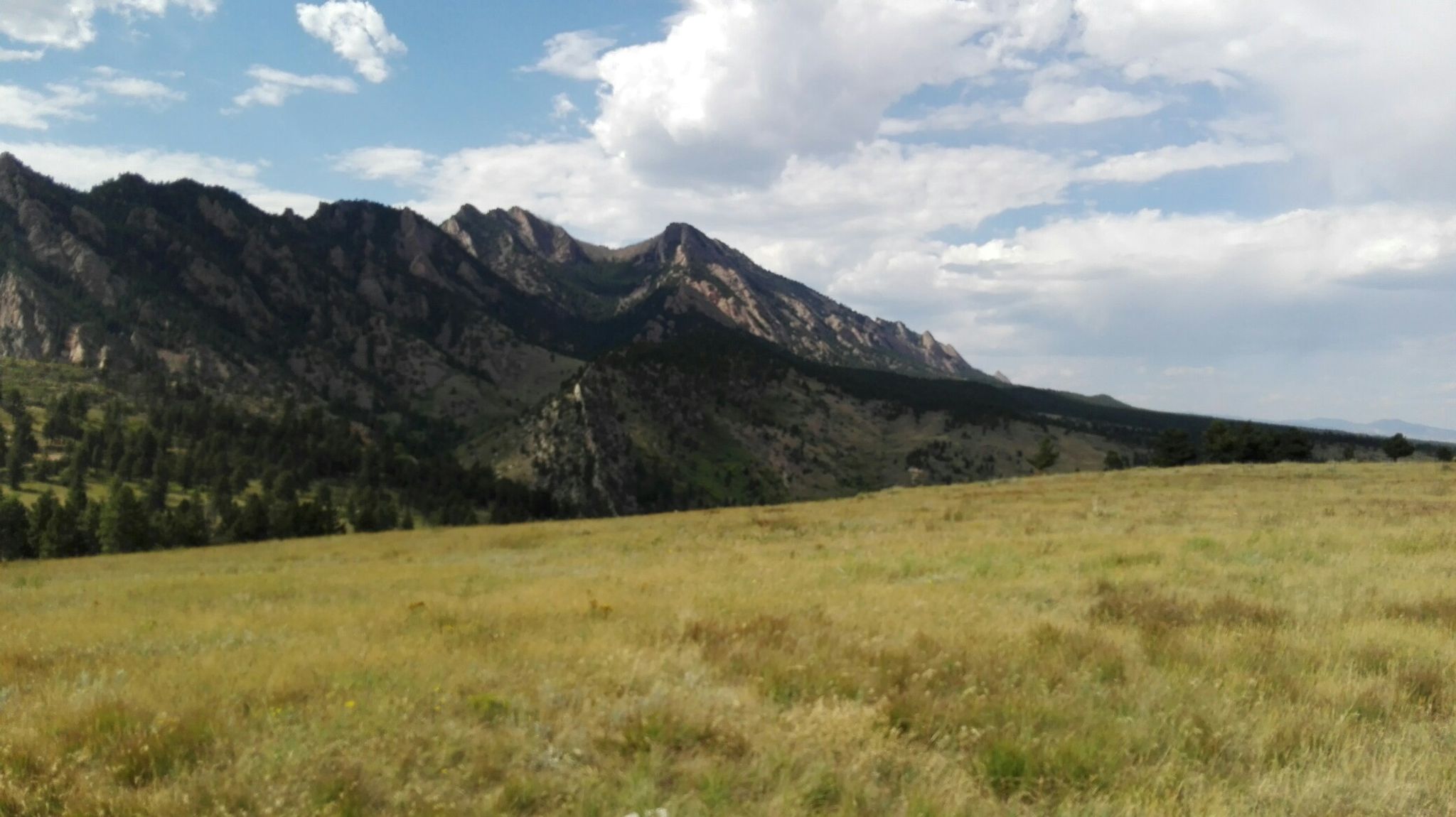 Wide view of a grassy field with a rugged mountain range behind it. - Flatirons view – Spring Brook loop loop from Eldorado Springs