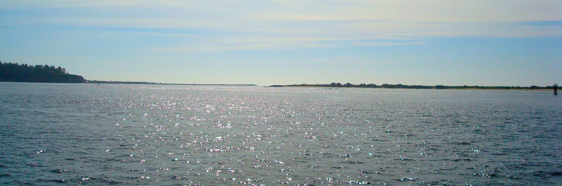 Sparkling water under a bright sky, with distant land on the horizon.