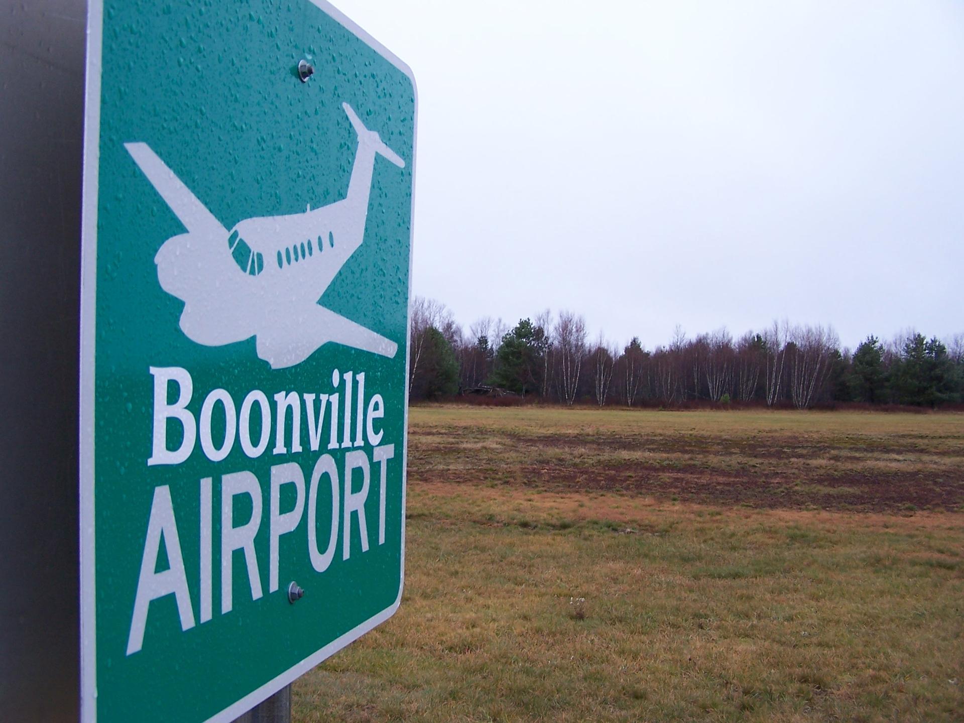 Wet green airport sign with airplane icon, by a field and trees under overcast sky.