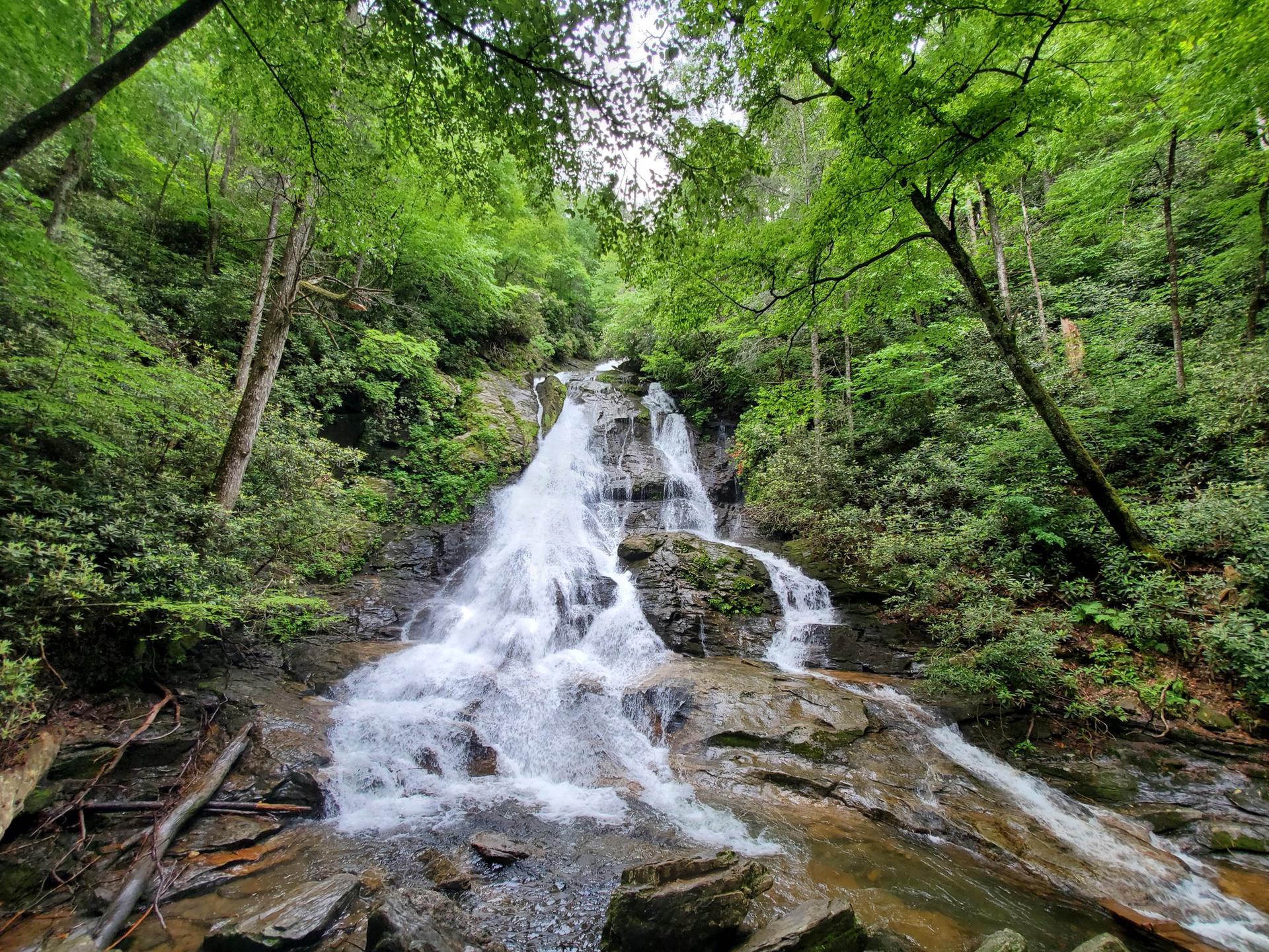 Cascading waterfall surrounded by lush green forest and rocks.