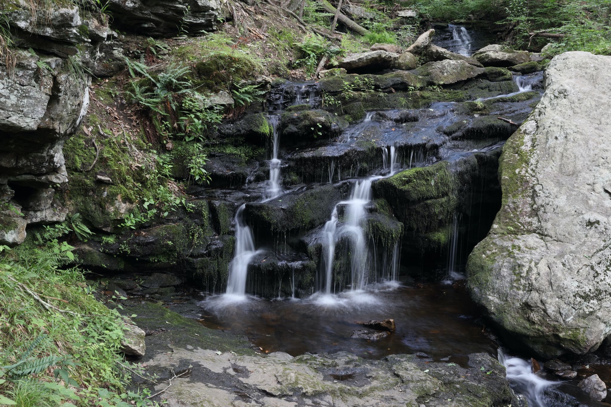 Multi-tiered waterfall cascades over mossy rocks in a shaded forest. - Salmon River Trail Loop