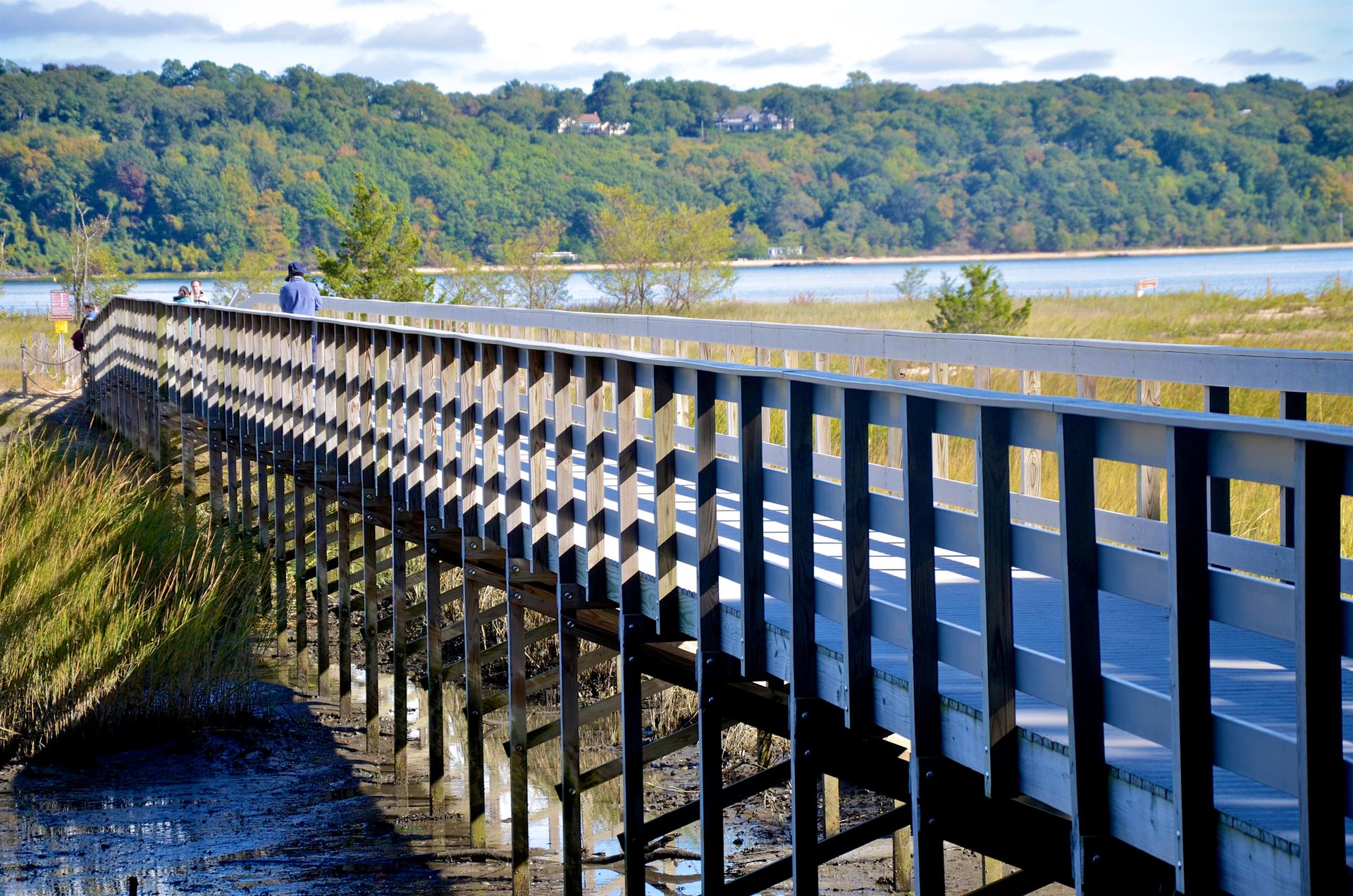 Sunny boardwalk over marshland with a person walking and forested hills.