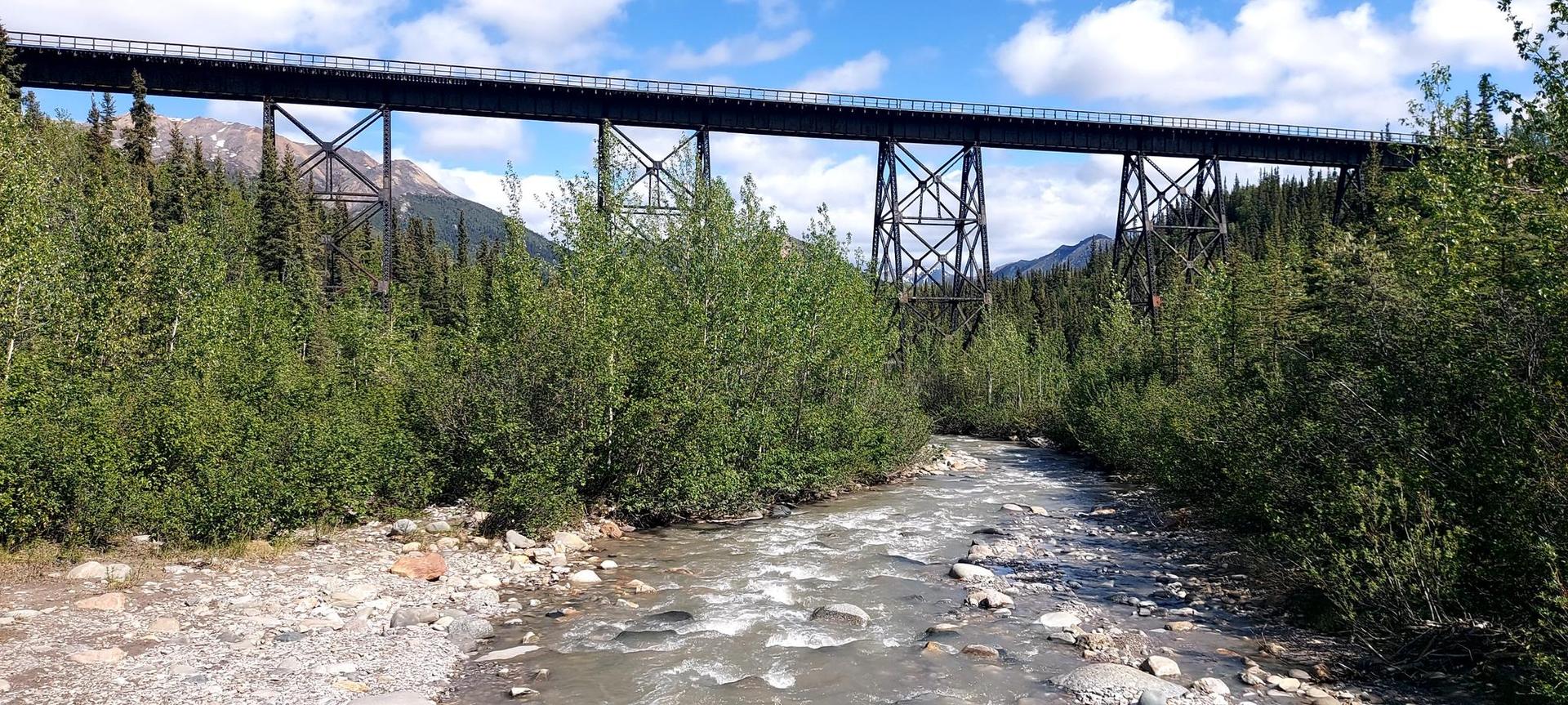 A large metal bridge spans over a rocky river surrounded by green trees.