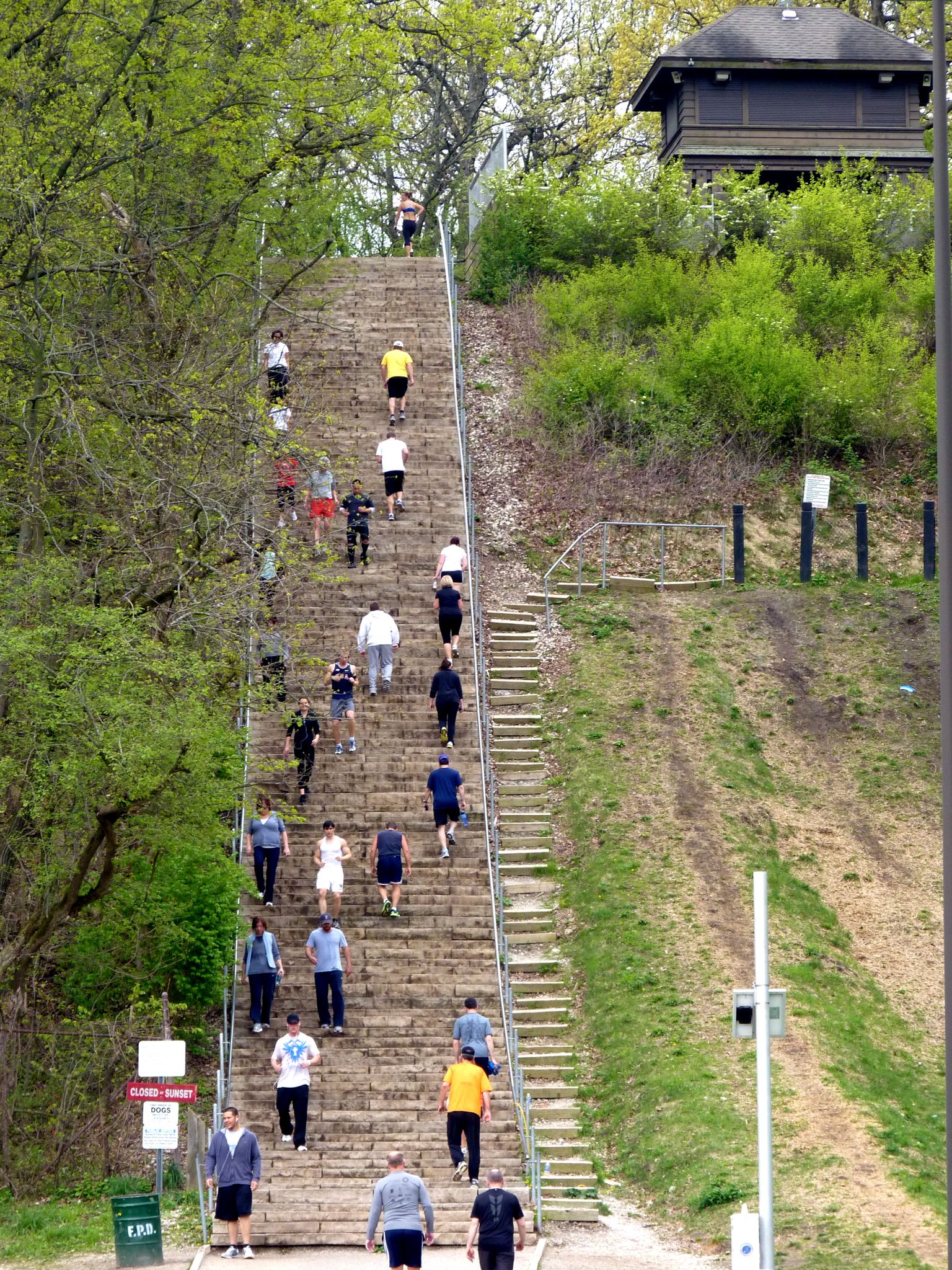 Many people climbing a very long, steep outdoor staircase on a sunny day. - Yellow Loop Trail