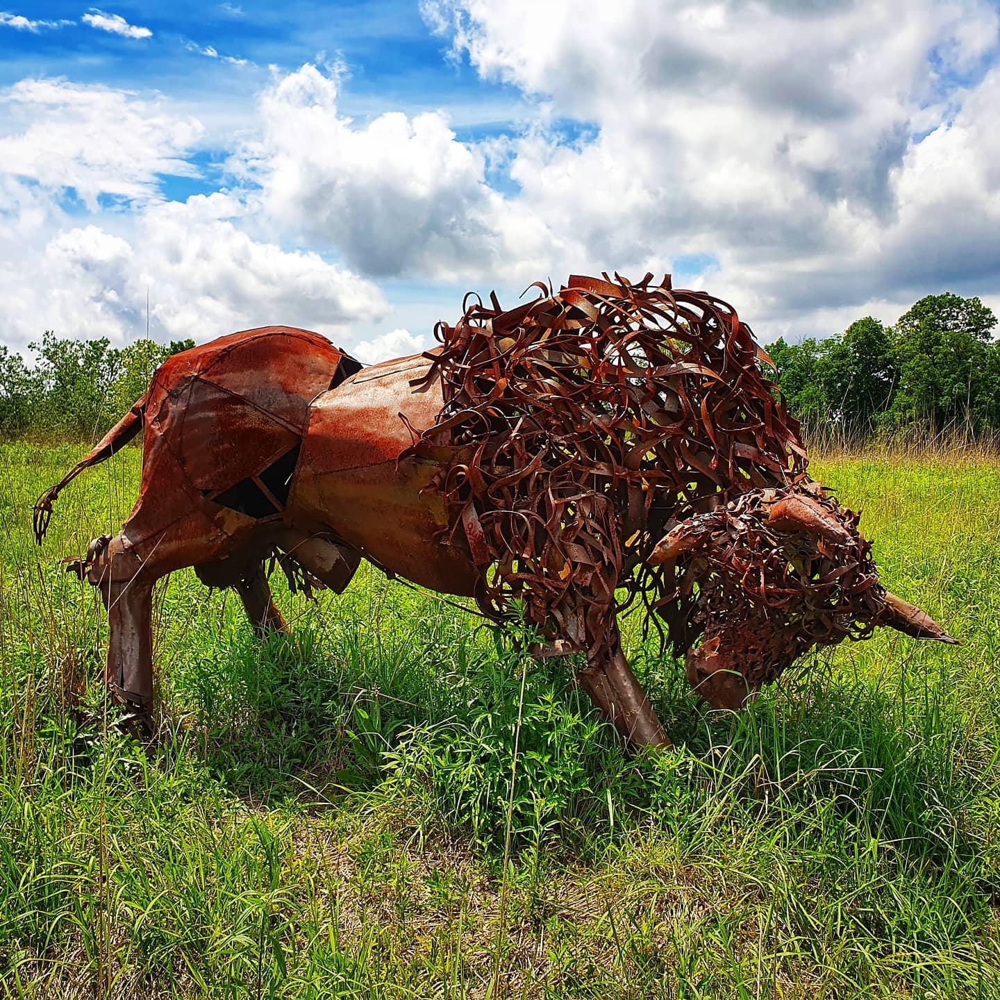 A large, rusty metal bison sculpture stands in a sunny green field.