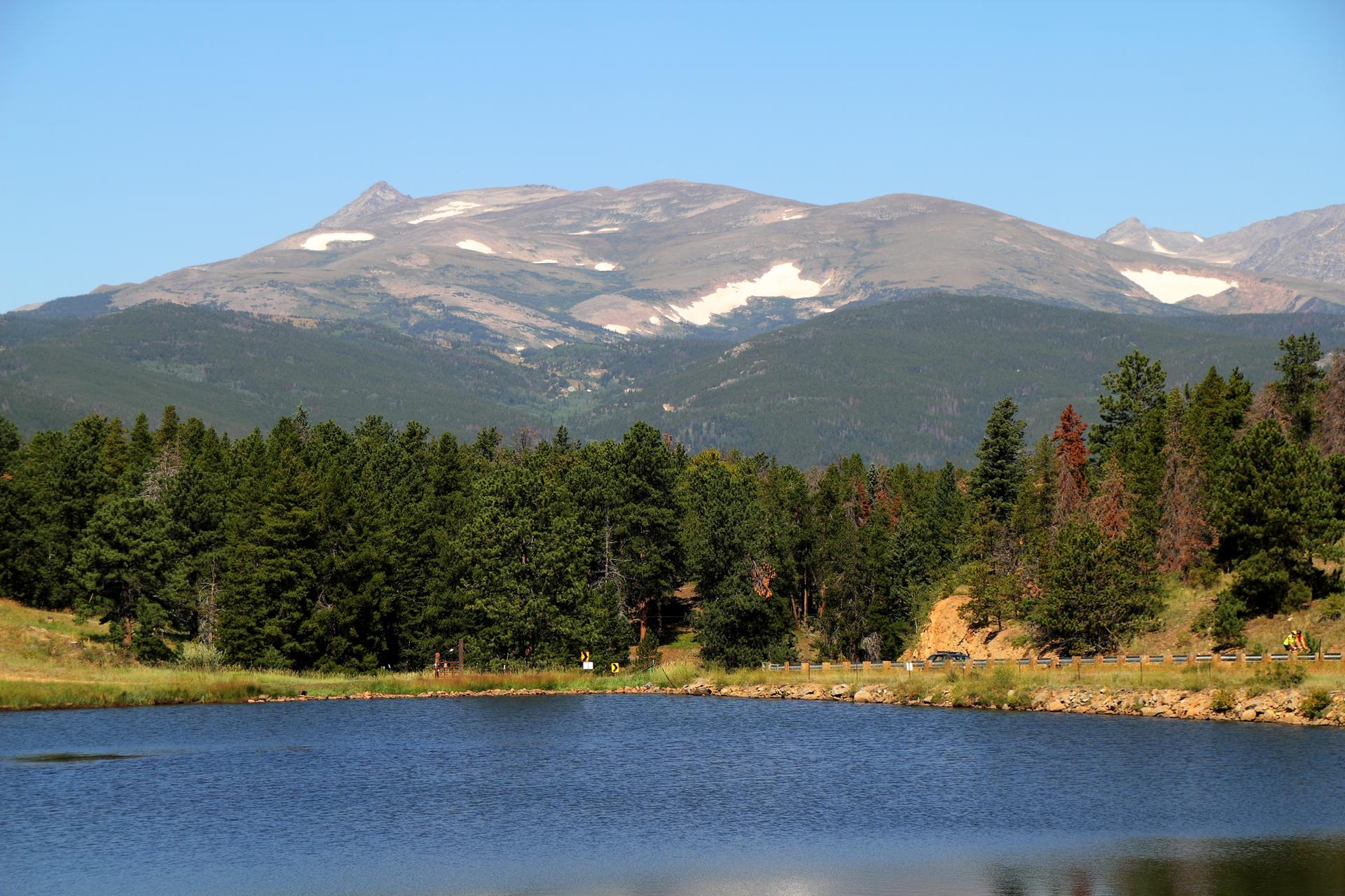 A serene lake with a pine forest and snow-capped mountains under clear skies.