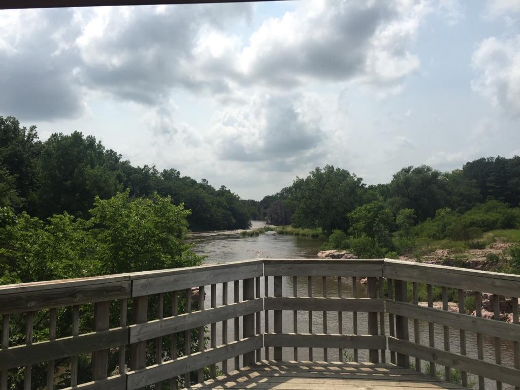 A river flowing through a dense forest, viewed from a wooden deck.