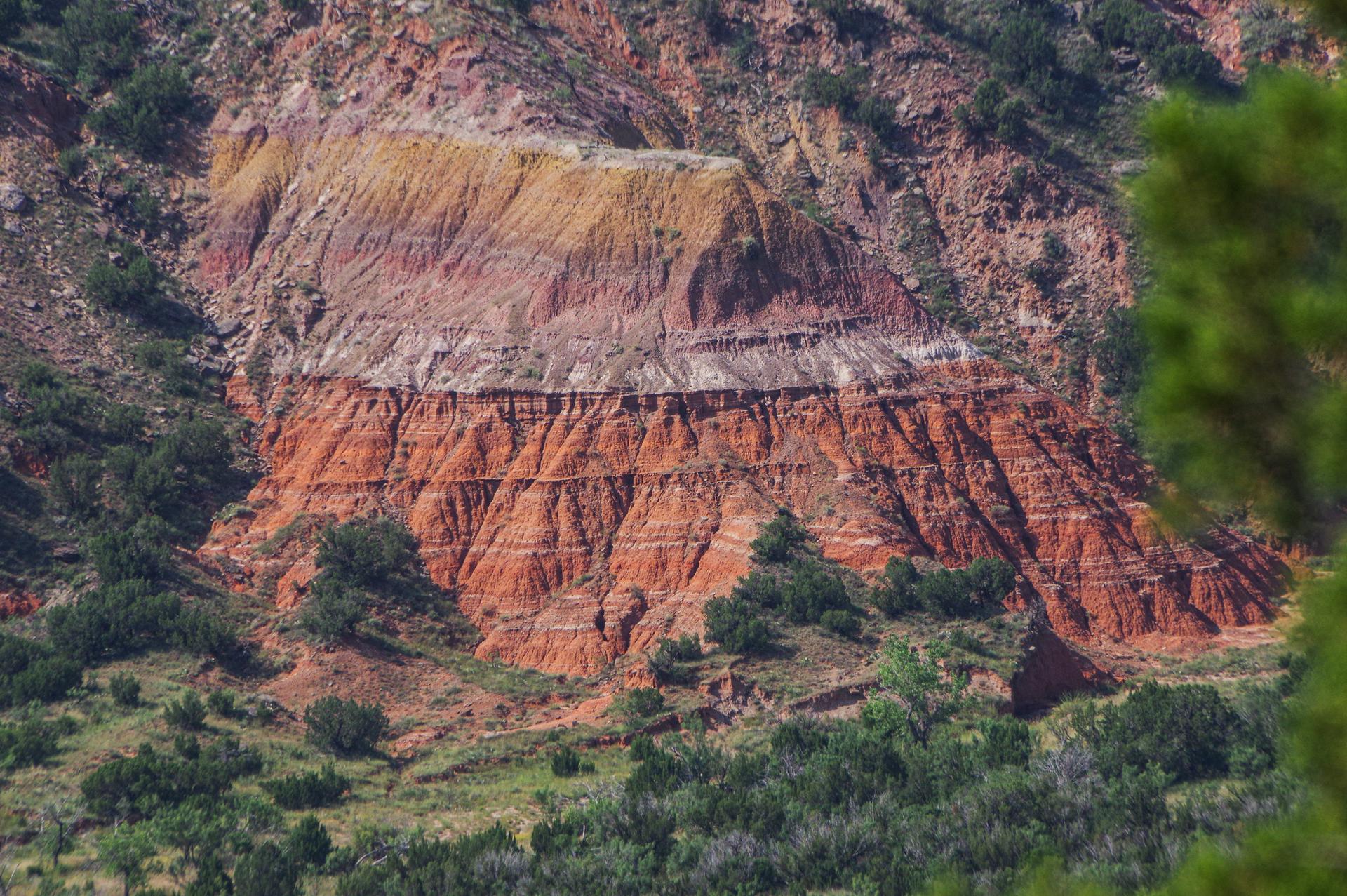 Close-up of layered red and white rock formations with green trees.