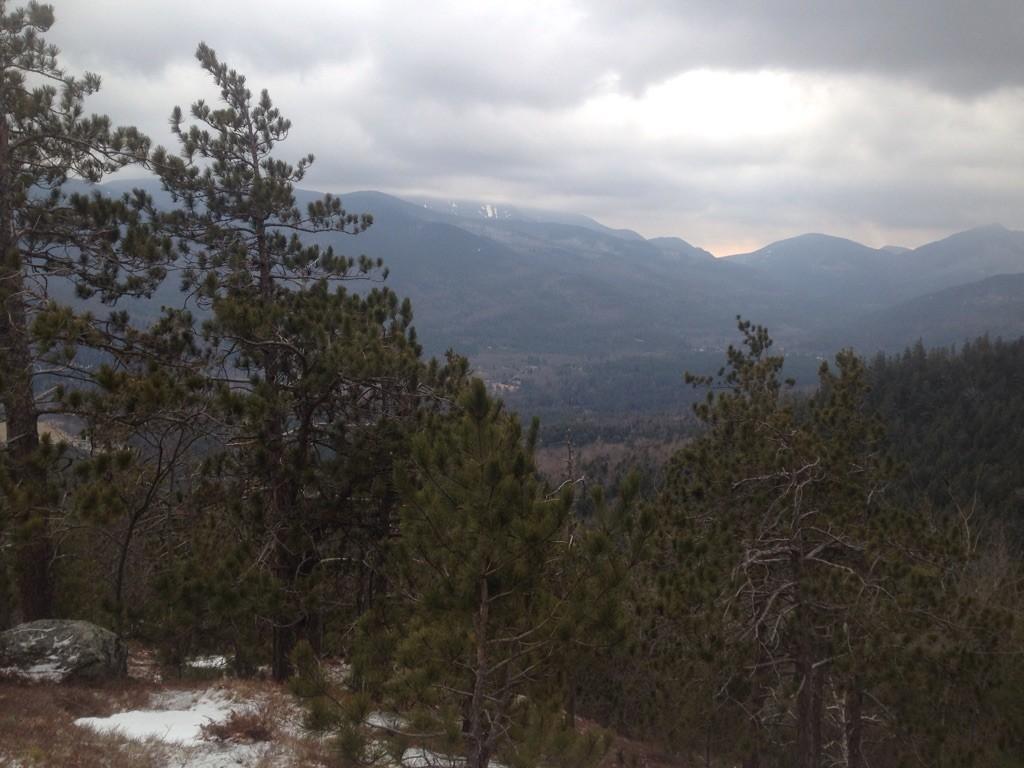 Overcast mountain landscape with pine trees in the foreground and snow patches.