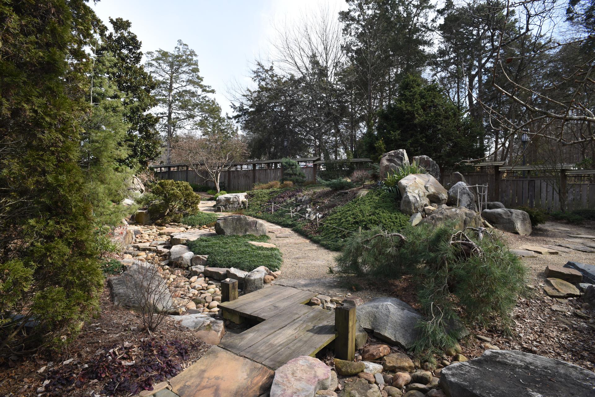 Rocky garden with a small wooden bridge and varied green foliage.