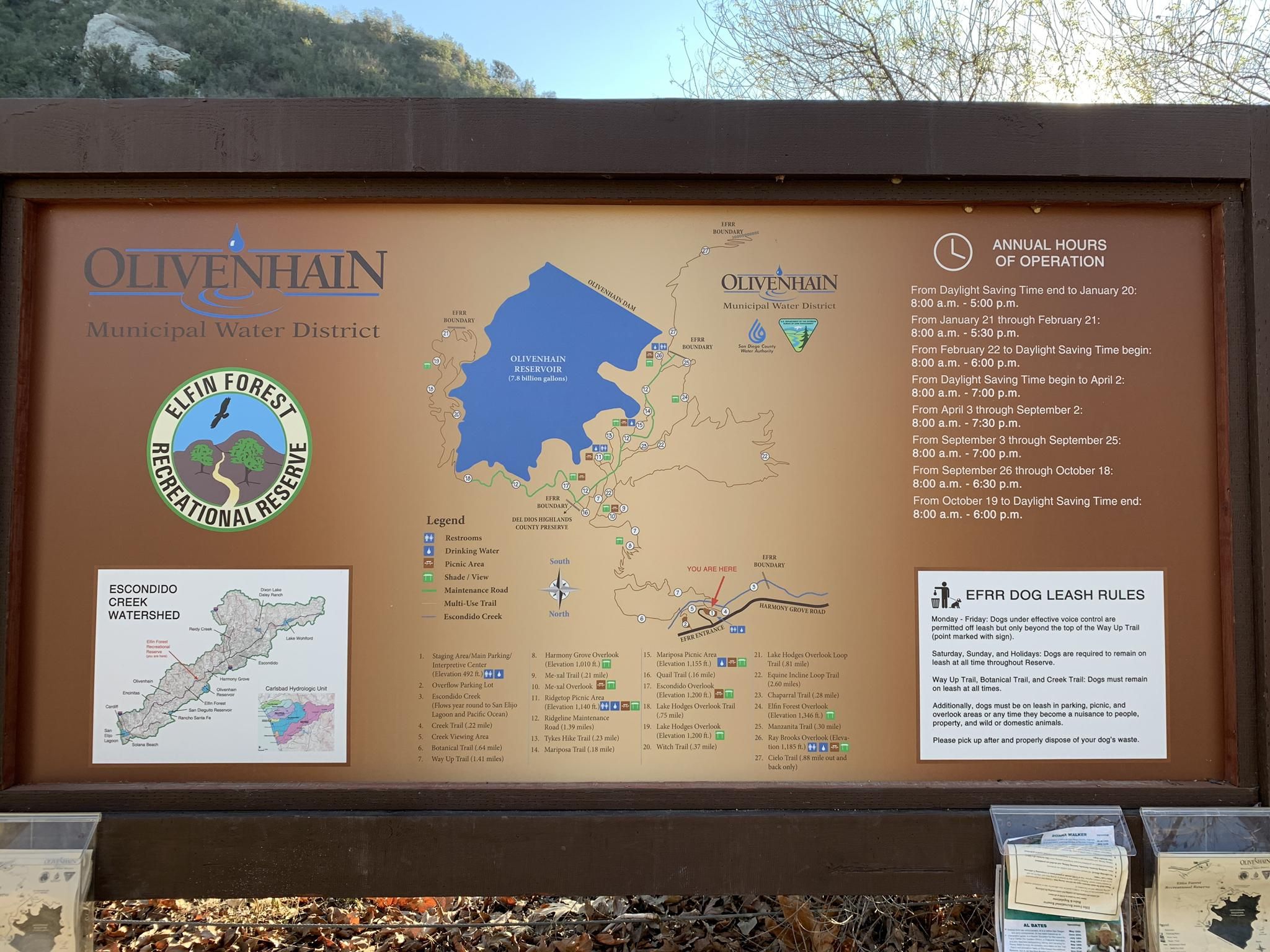 A large brown information sign with maps and text, set outdoors. - Elfin Forest Loop