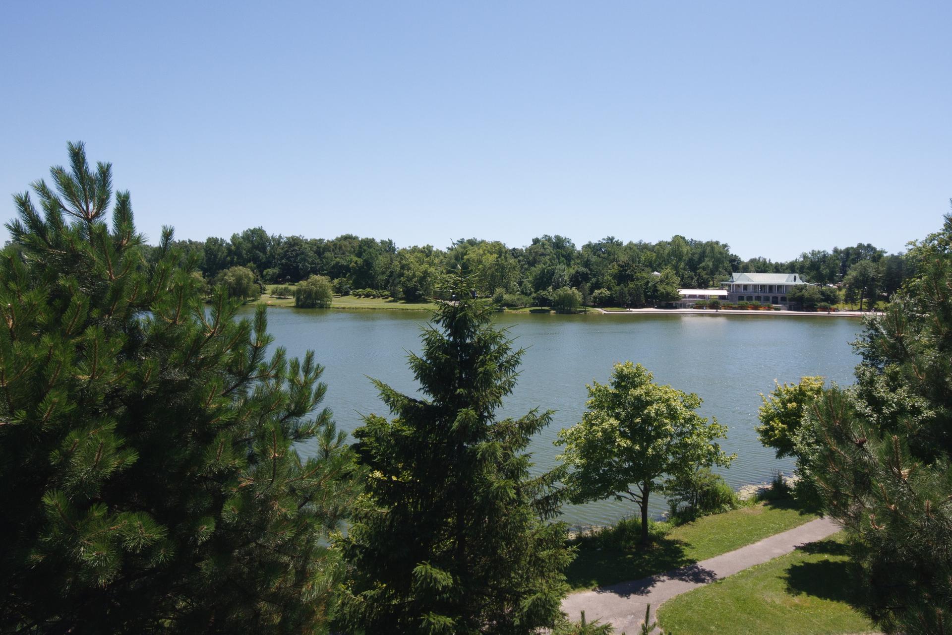 Expansive lake surrounded by green trees under a clear blue sky.