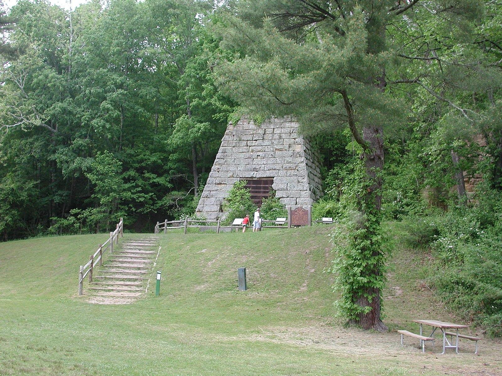 Pyramid-shaped stone structure on a grassy hill, two people, surrounded by green trees.