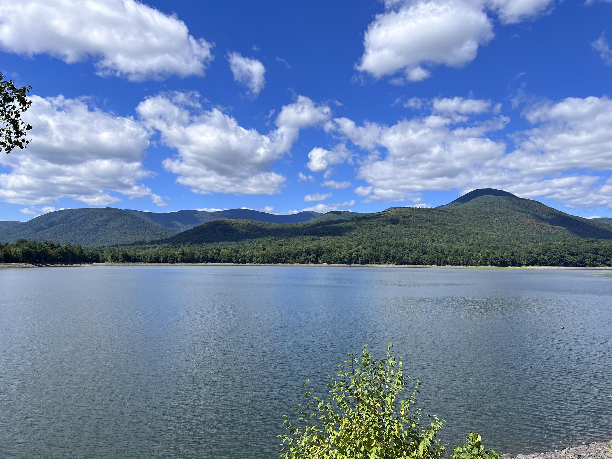 Bright sunny day over a wide lake with distant green mountains.