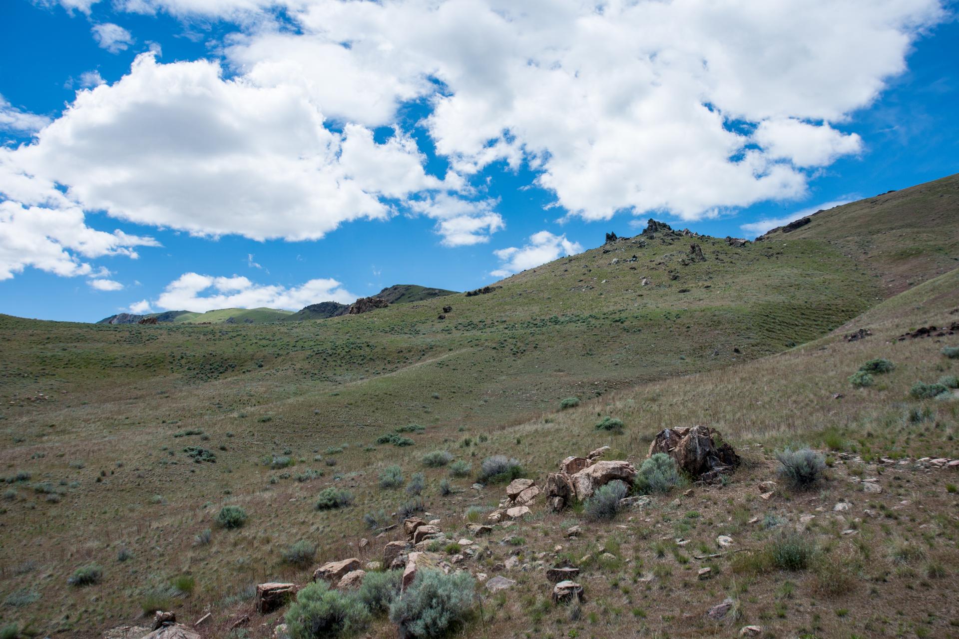 A dry, rocky hillside with sparse vegetation under a bright blue sky.