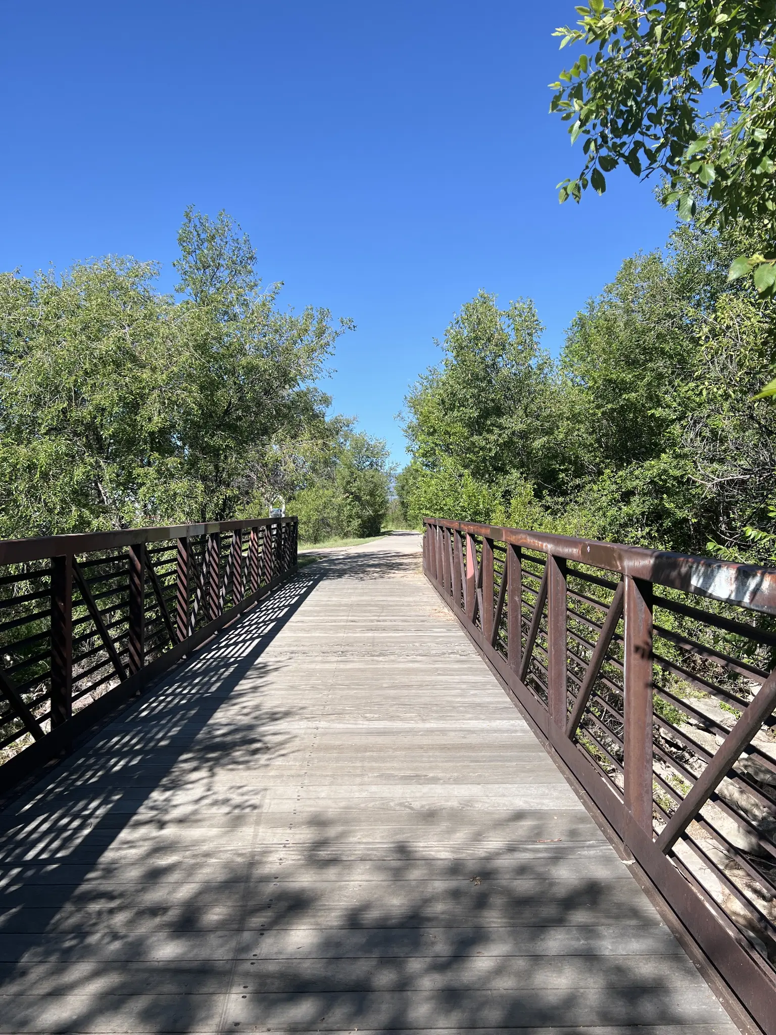 Wooden bridge with metal railings, dappled sunlight, surrounded by green trees.