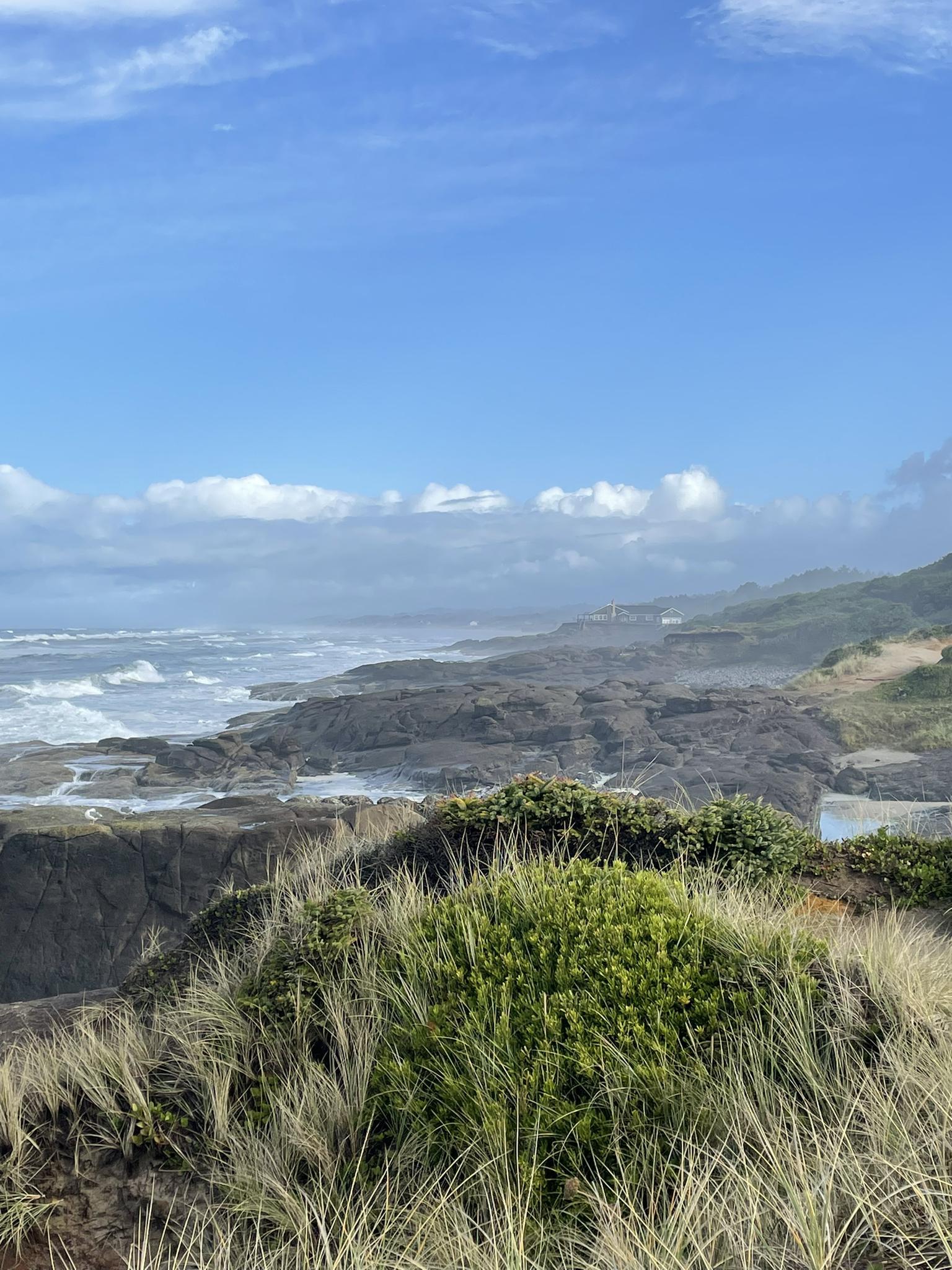 Rocky coastline with crashing waves, green vegetation, and a partly cloudy sky.