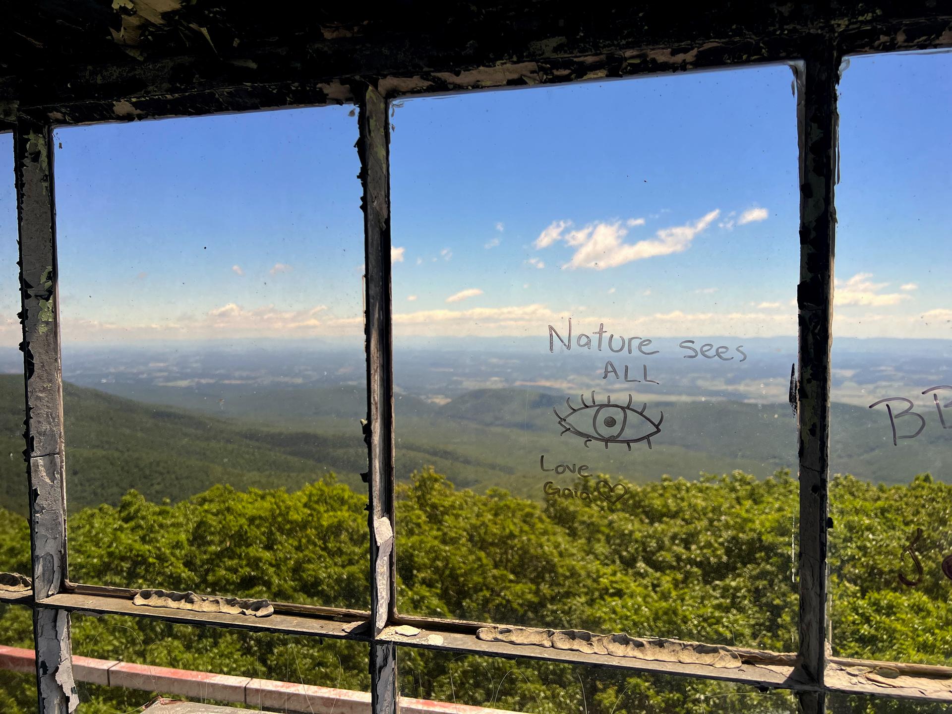 Mountainous forest landscape viewed through a window with graffiti under a bright sky.