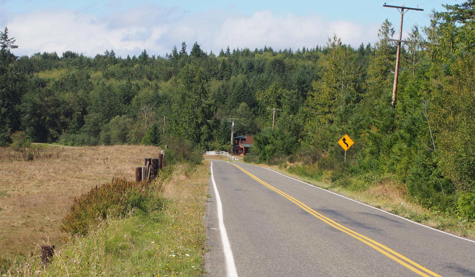 Rural road curves through dry fields and dense green forest under bright sky.