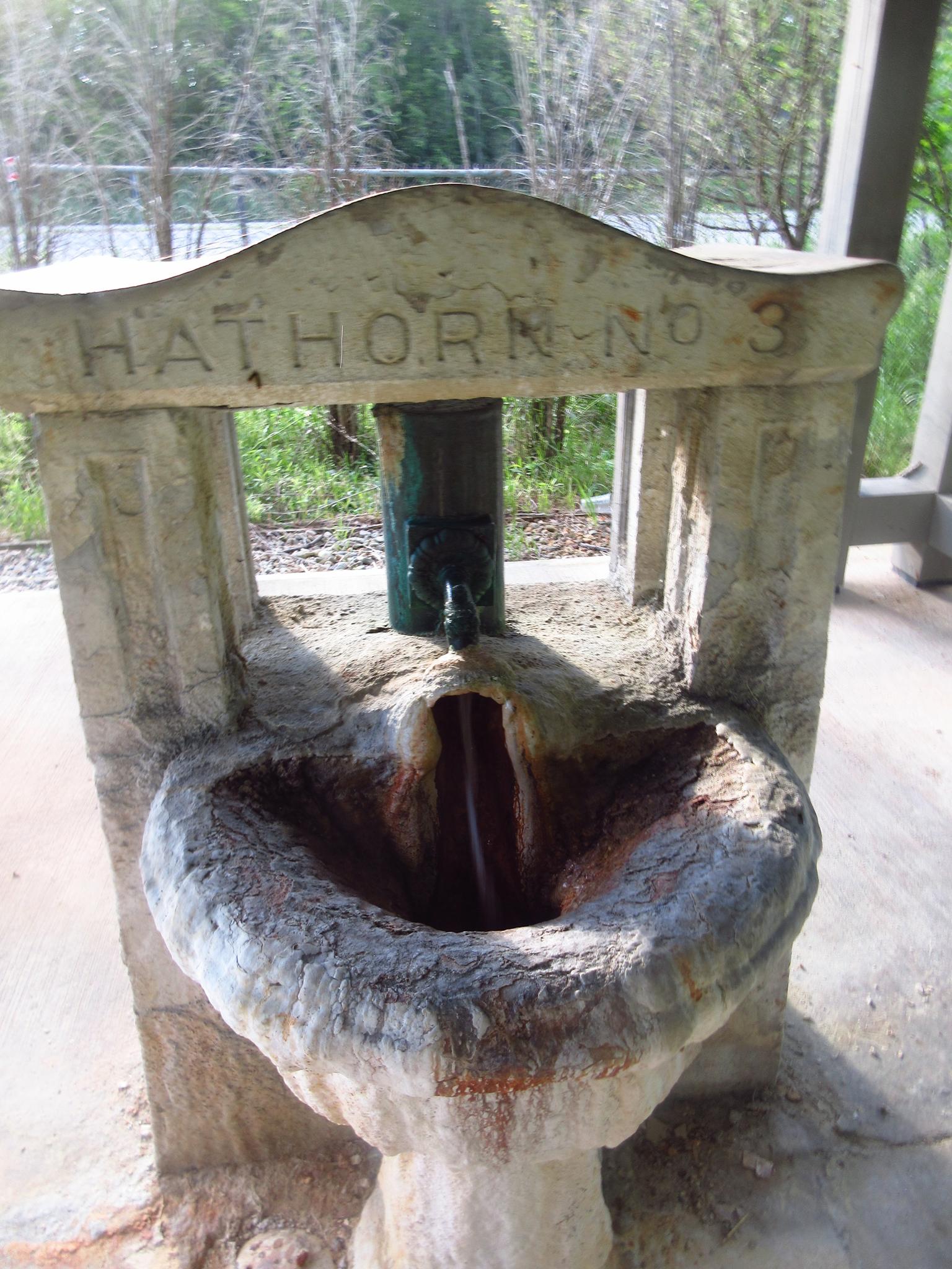 Weathered stone water fountain with a spigot, surrounded by green foliage.