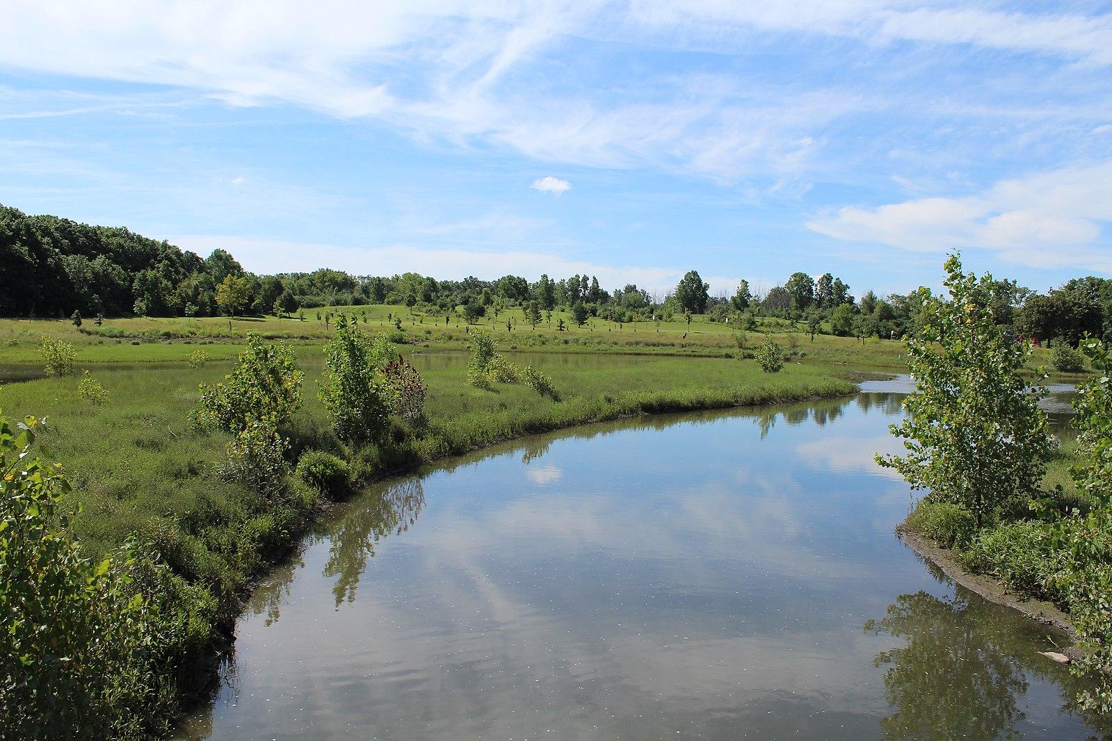 A winding river flows through a lush green landscape under a blue sky.