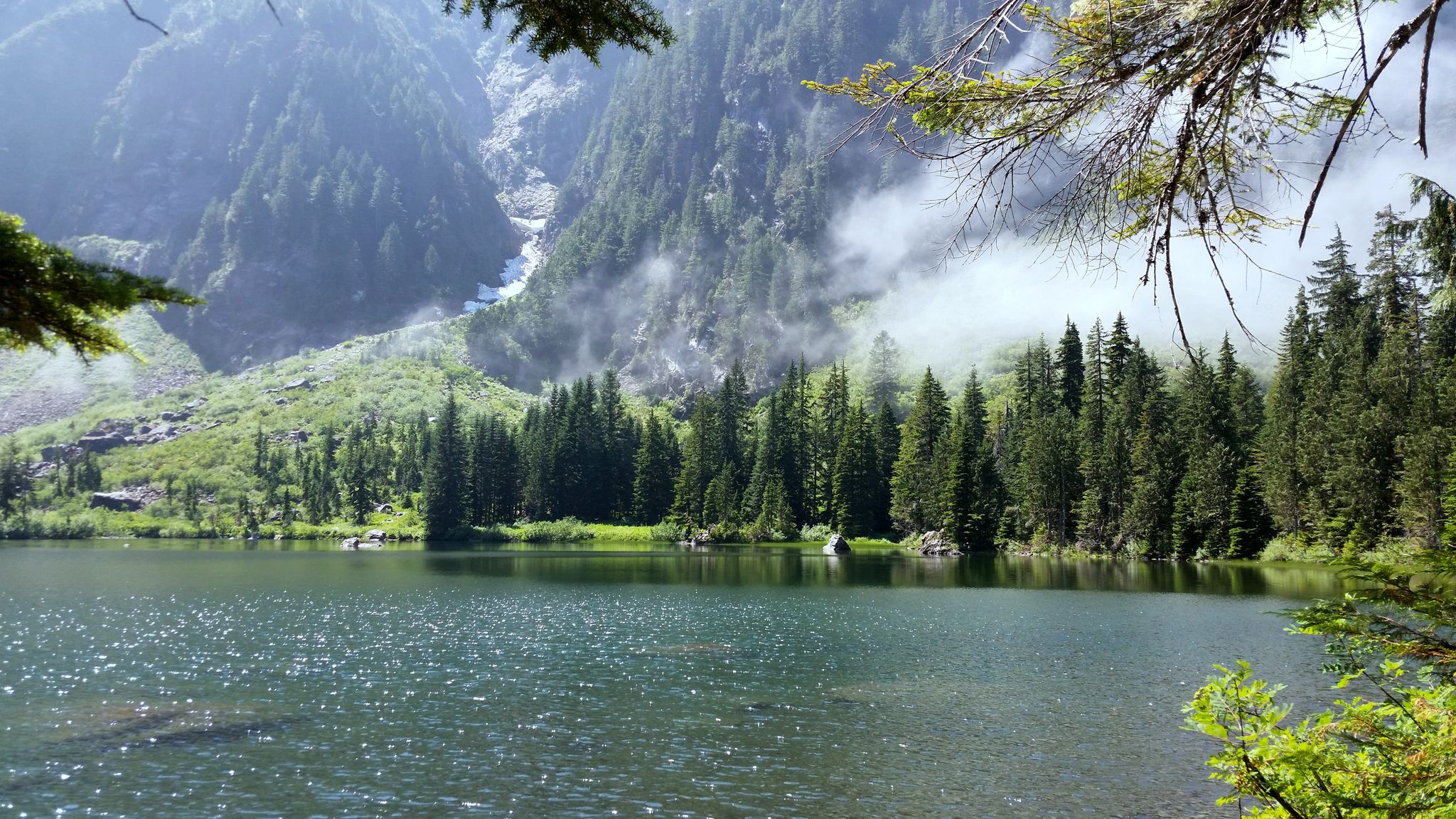 Serene lake surrounded by dense forest and misty, rugged mountains. - Heather Lake Trail