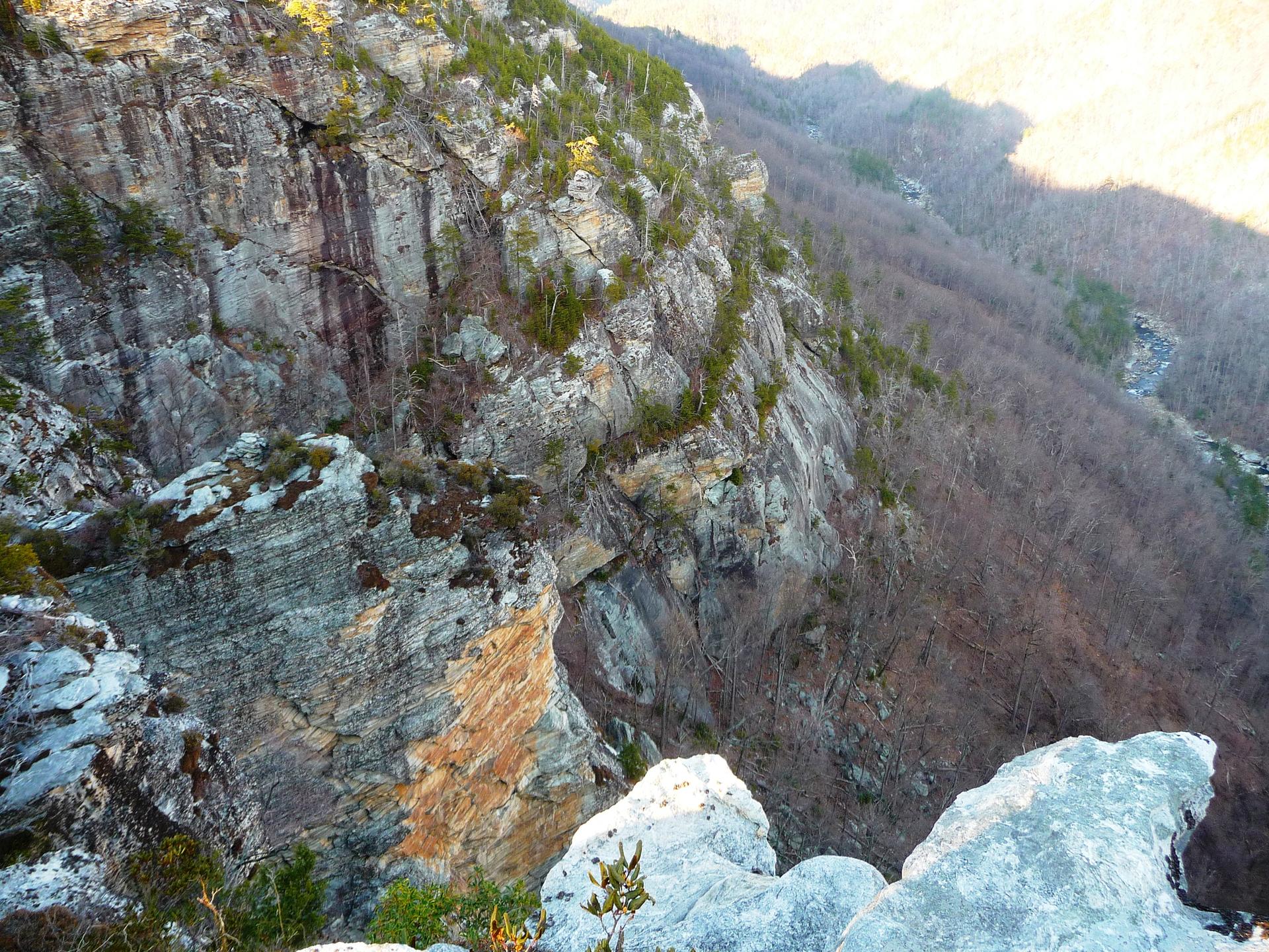 Steep, rocky cliff face with sparse trees overlooking a valley.