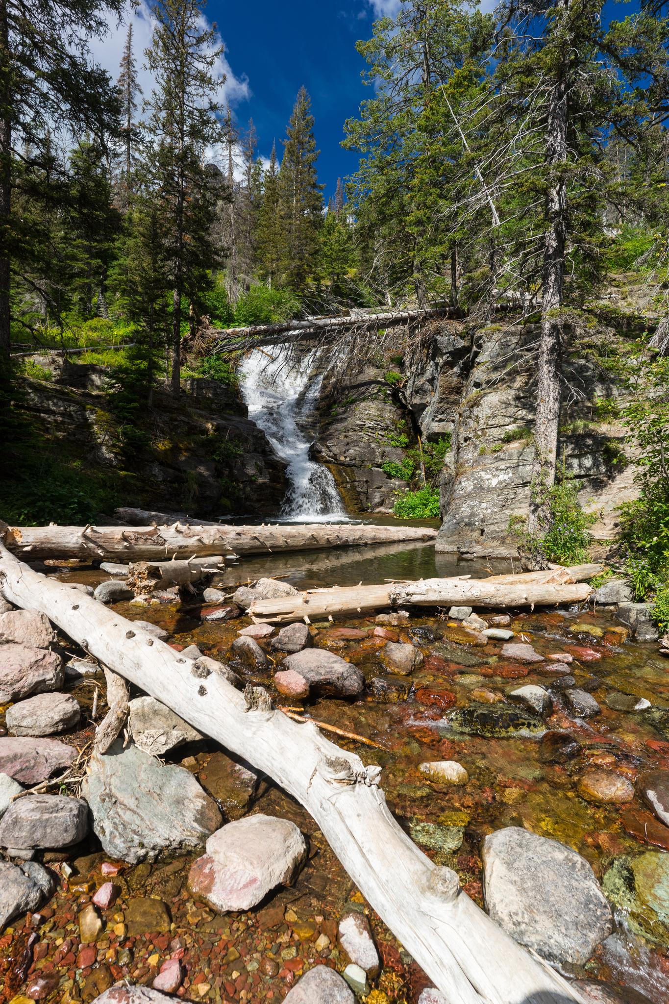 A waterfall cascades into a rocky stream with fallen logs in a forest.