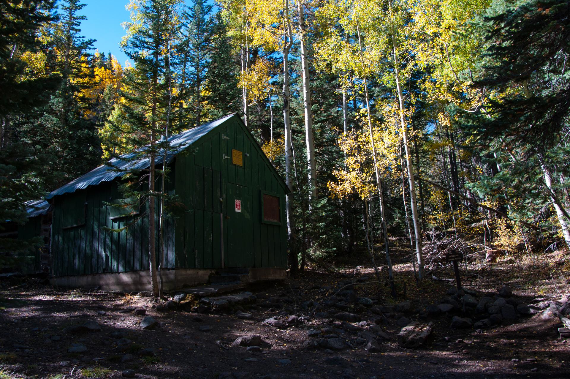 A rustic green cabin nestled in a forest with autumn-colored trees.