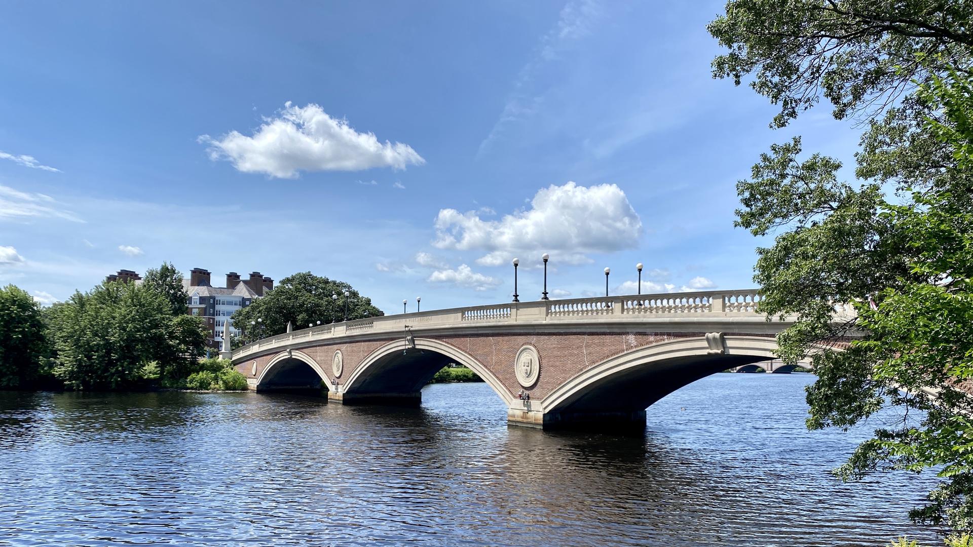 An arched bridge over a river, with trees and buildings under a blue sky.