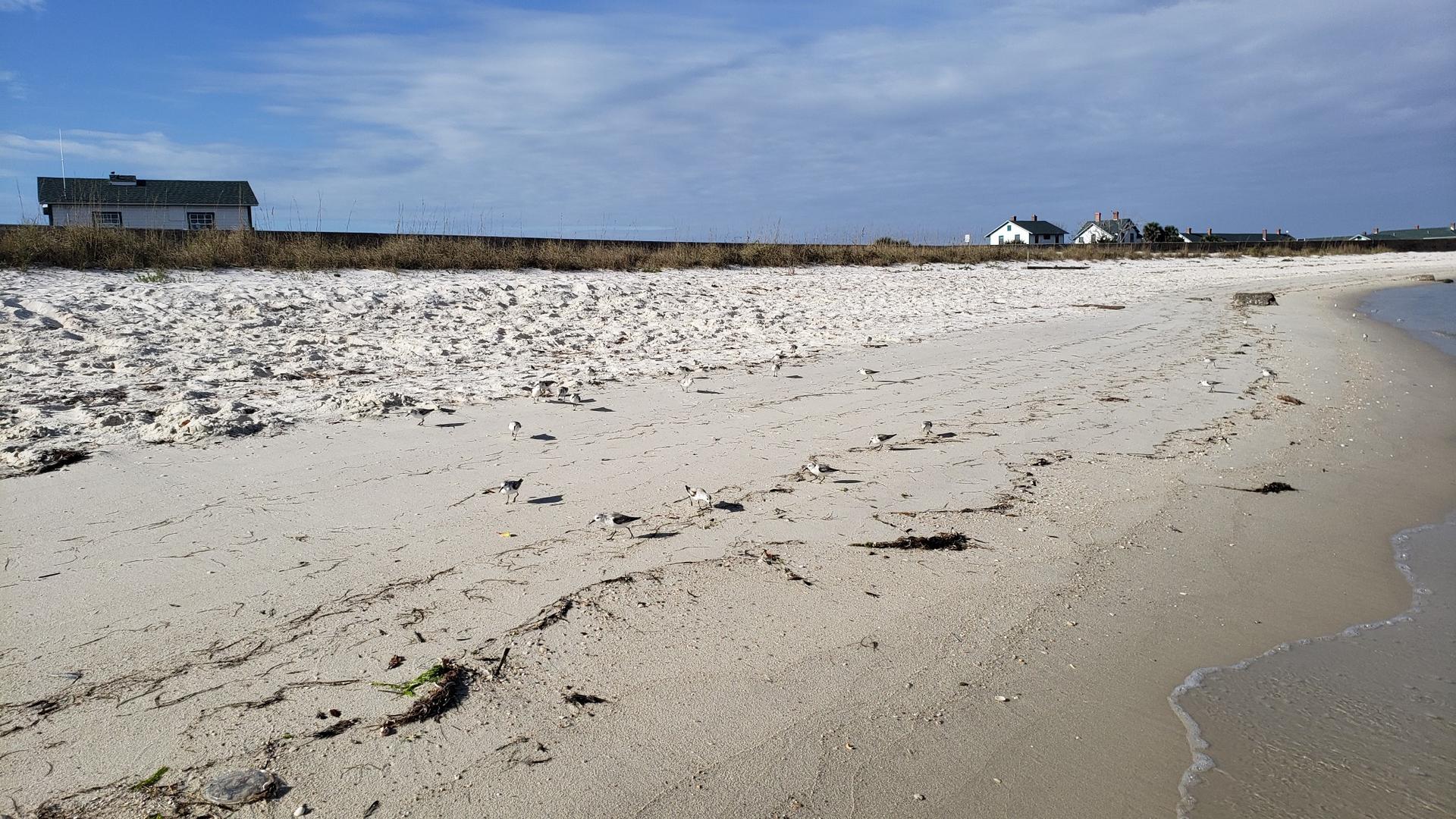 Wide sandy beach with gentle waves and distant houses under a cloudy sky.
