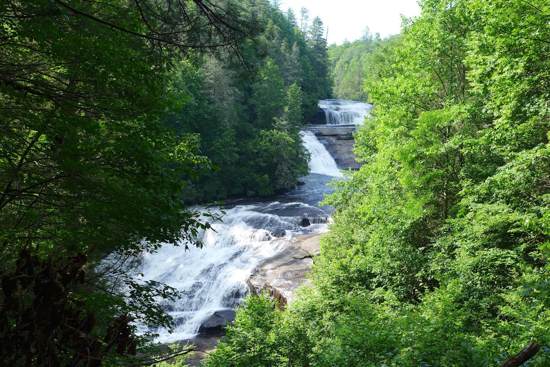 River with multiple cascades flows through a vibrant green forest.