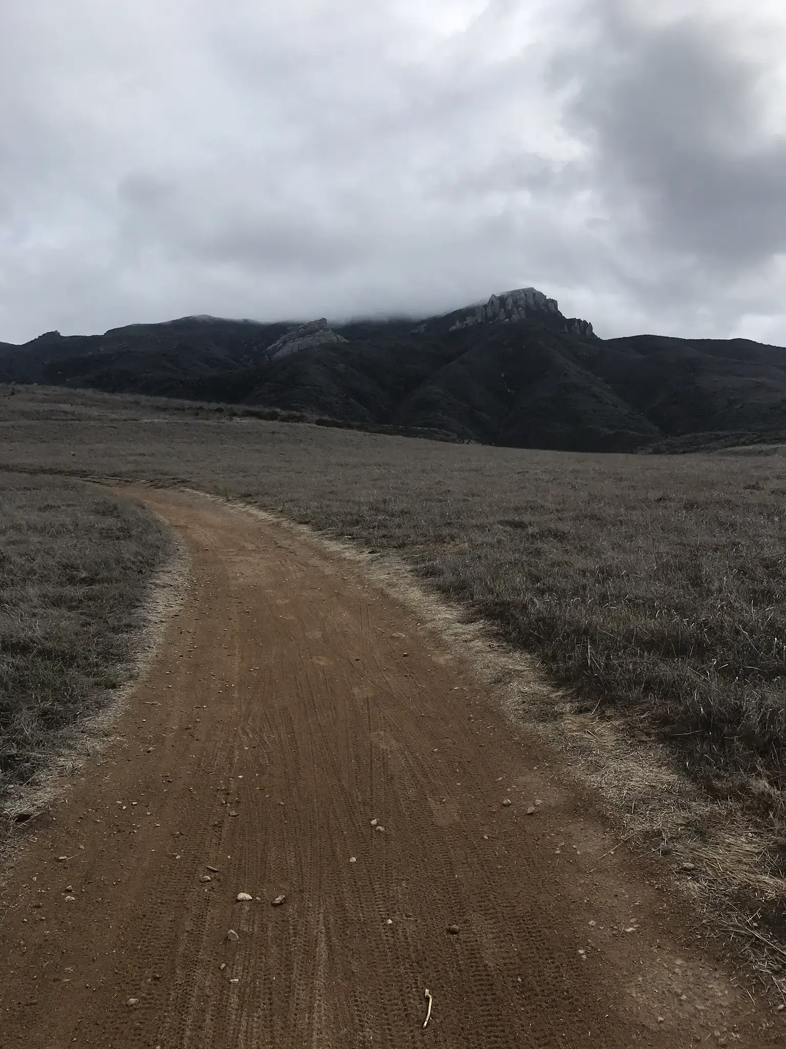 A dirt path leads through dry fields towards dark, cloudy mountains under an overcast sky.