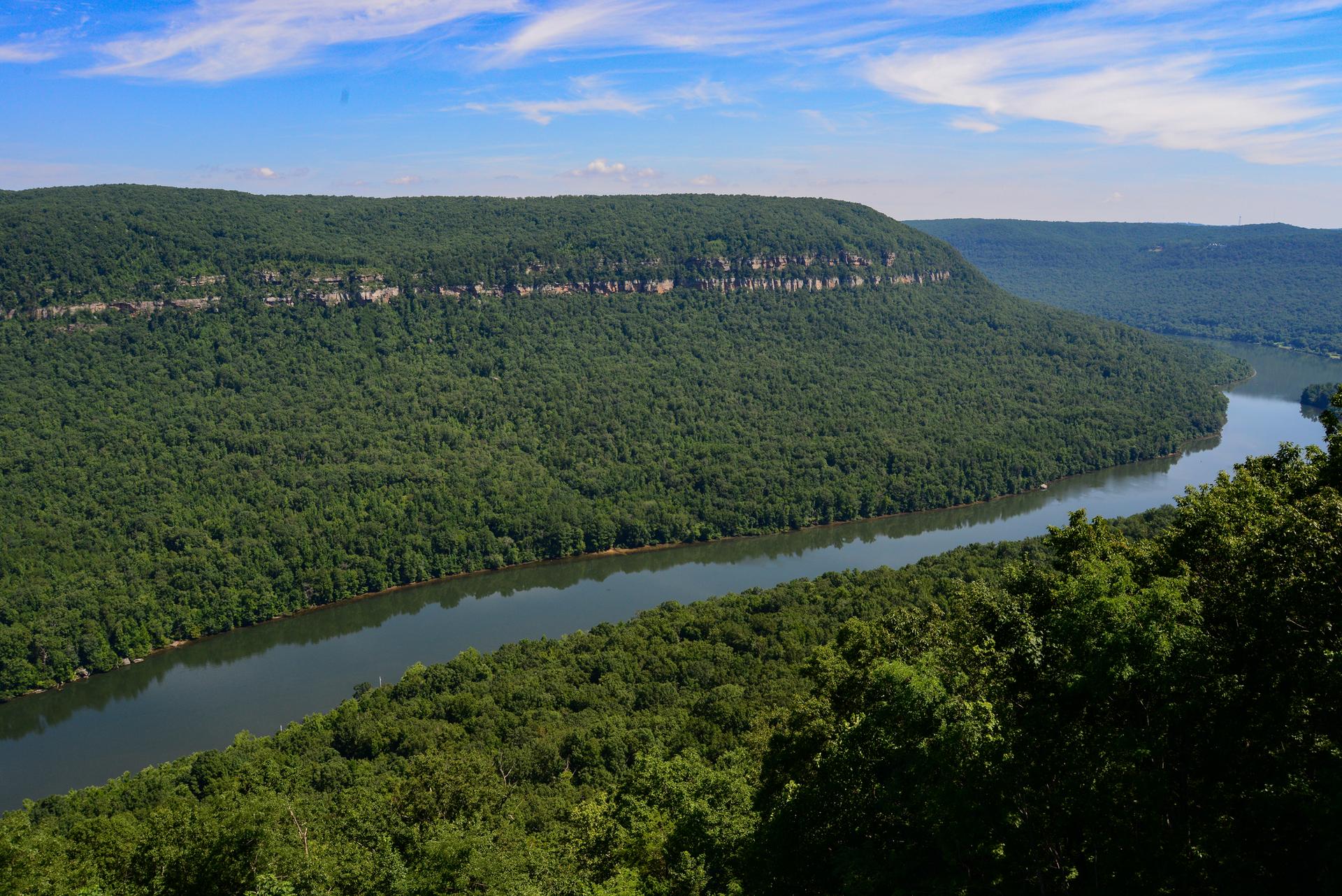 Panoramic view of a winding river through dense green mountains on a sunny day.