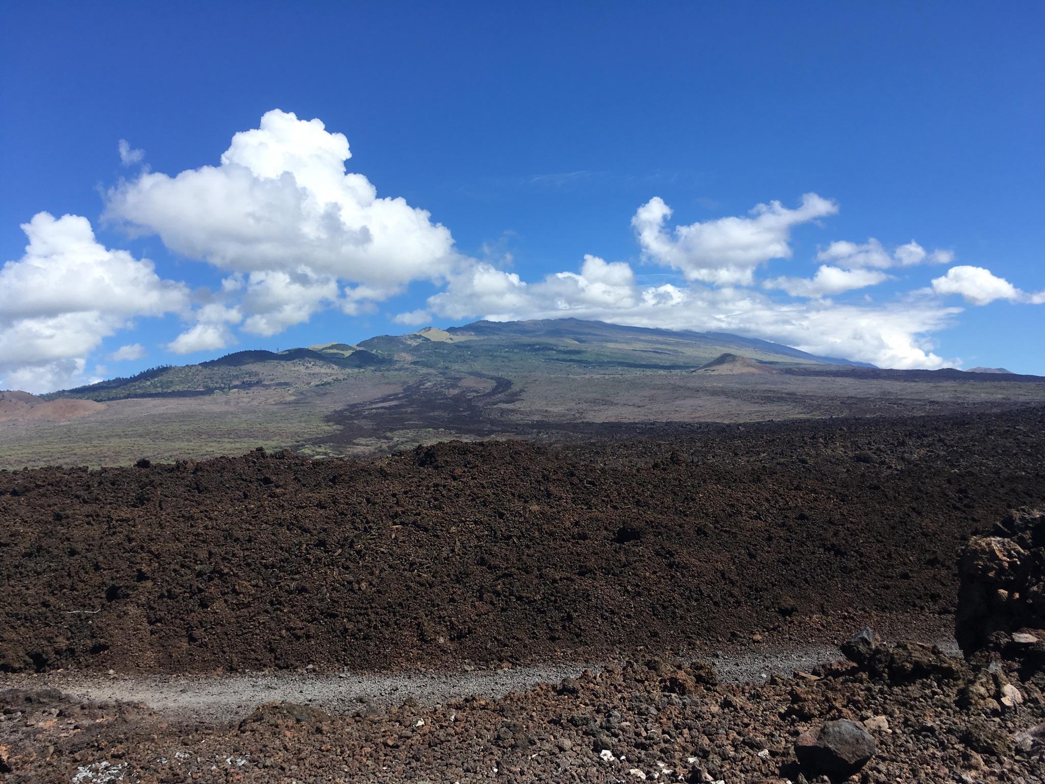 Vast dark lava field with a distant green mountain under a blue sky.