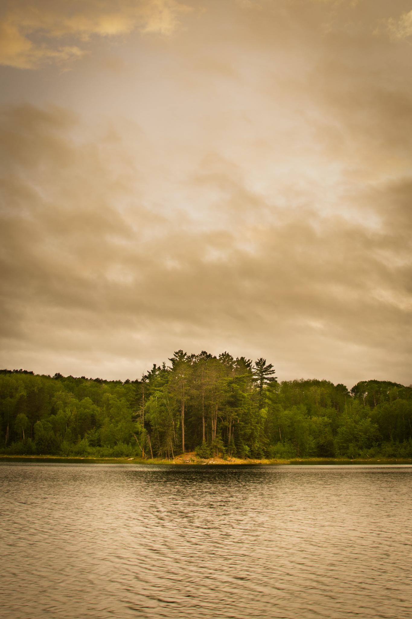 Small tree-covered island in a lake under a dramatic, cloudy sky.