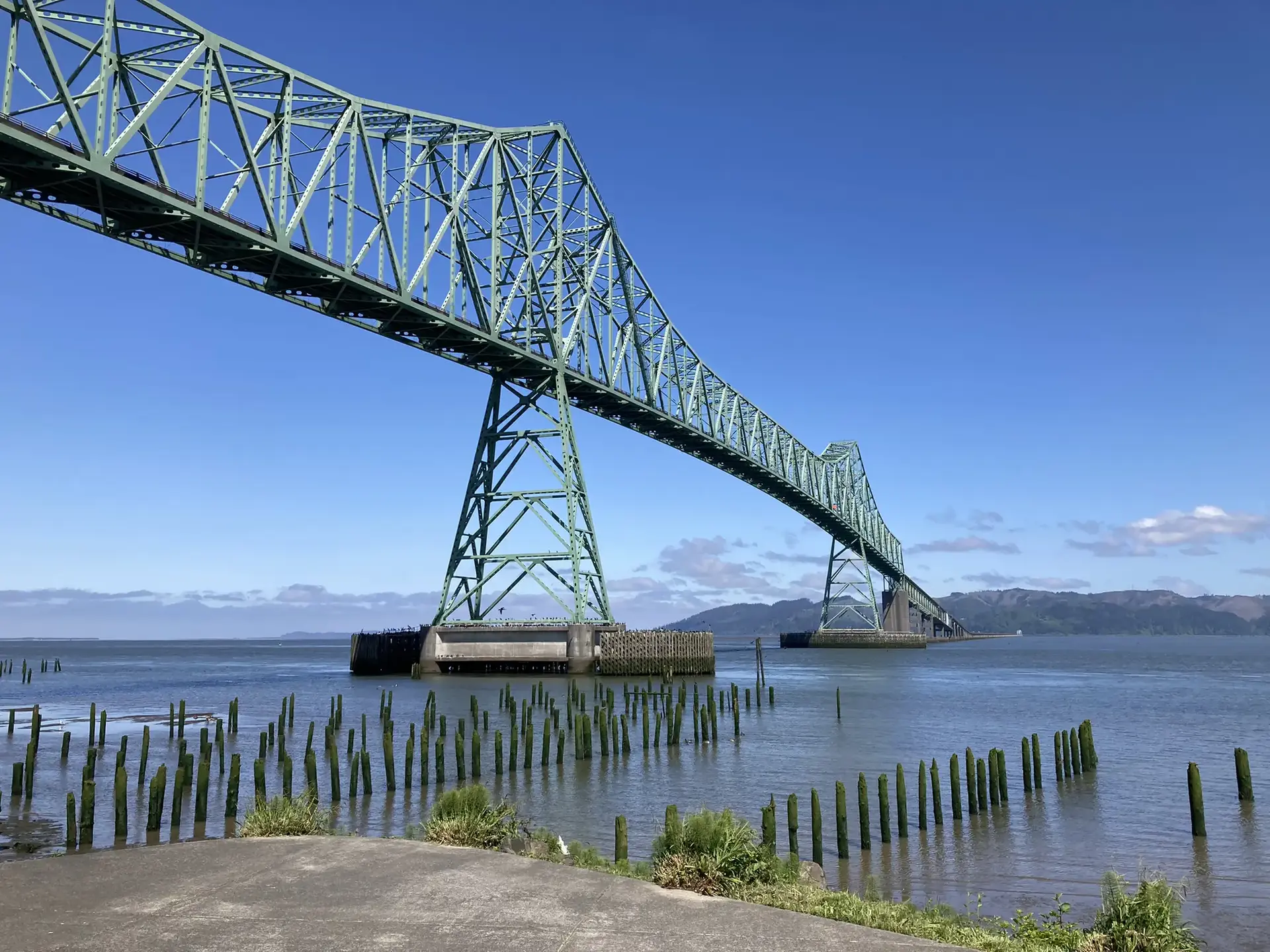 Large green truss bridge over water with old pilings under a clear blue sky.