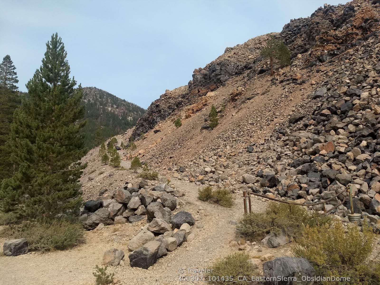 Rocky hillside with sparse pine trees and a narrow dirt path under a bright sky.