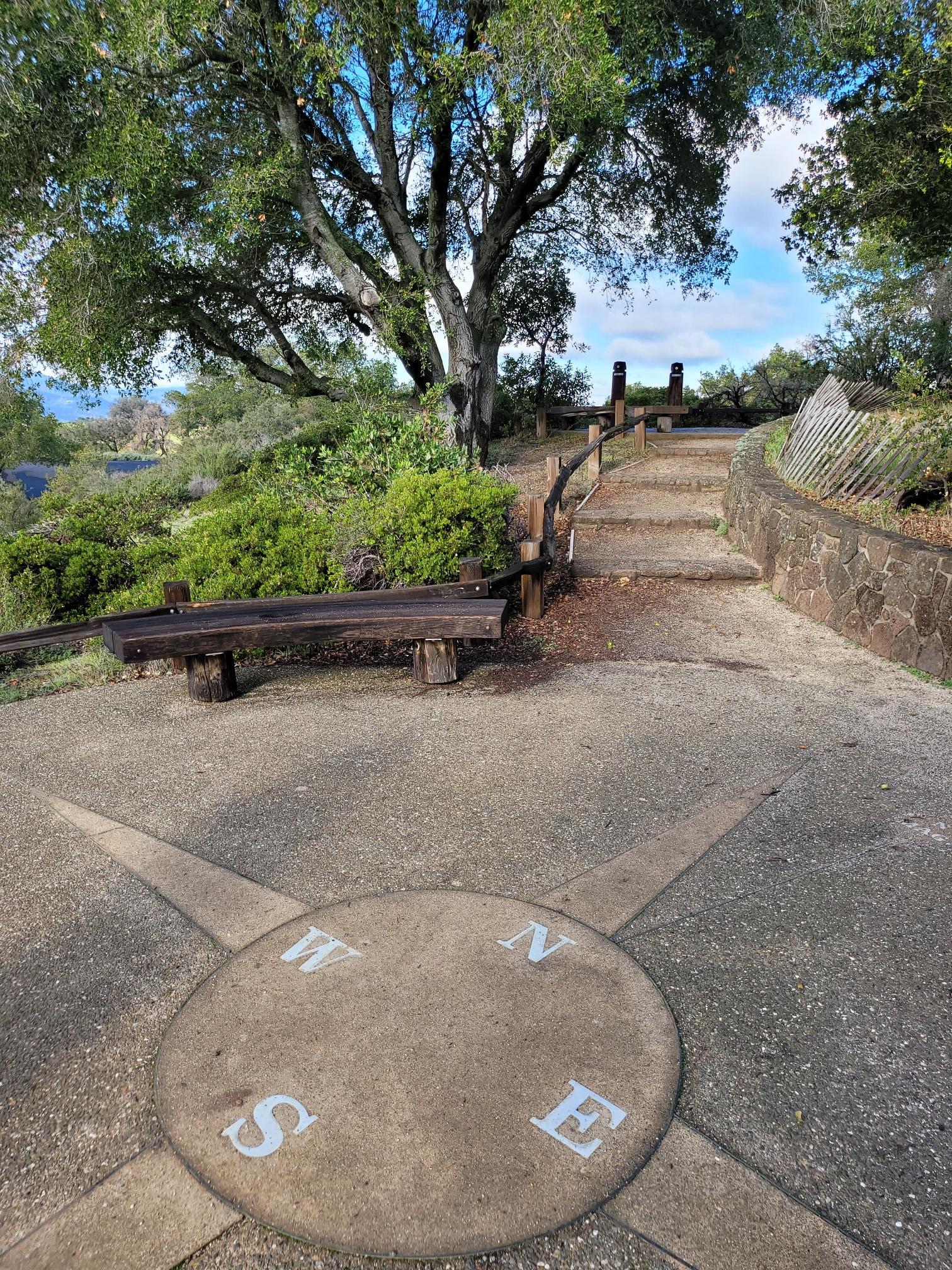 Concrete compass rose on a path leading to wooden steps and a bench.