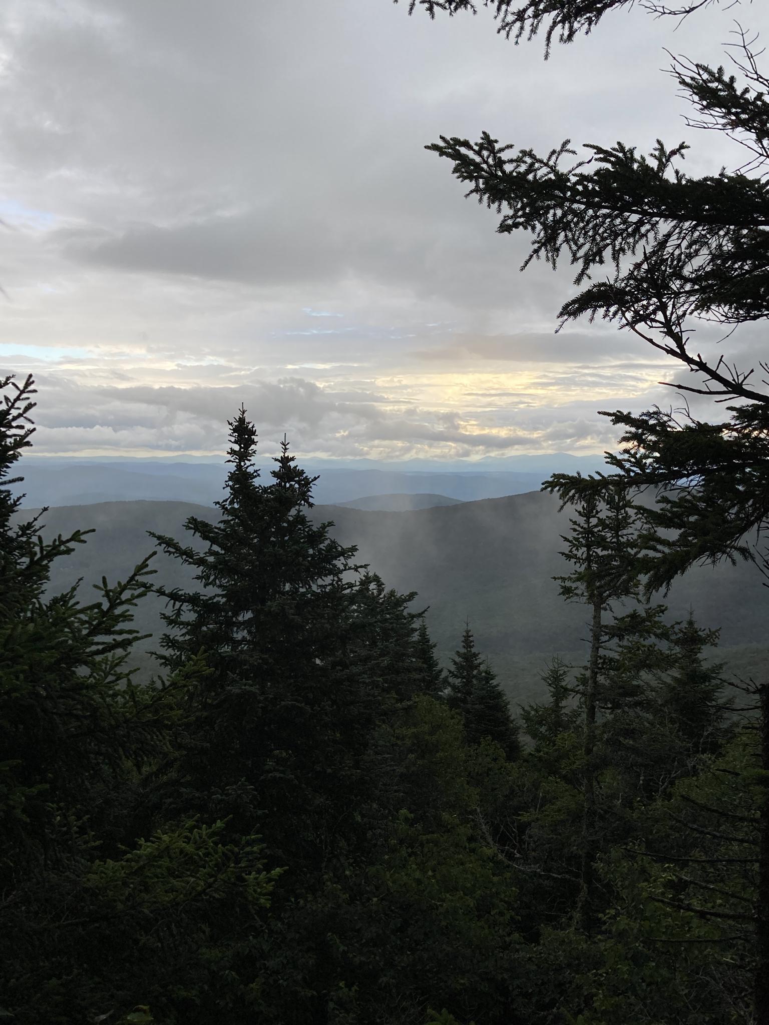 Cloudy mountain view through evergreen trees, with light breaking through.
