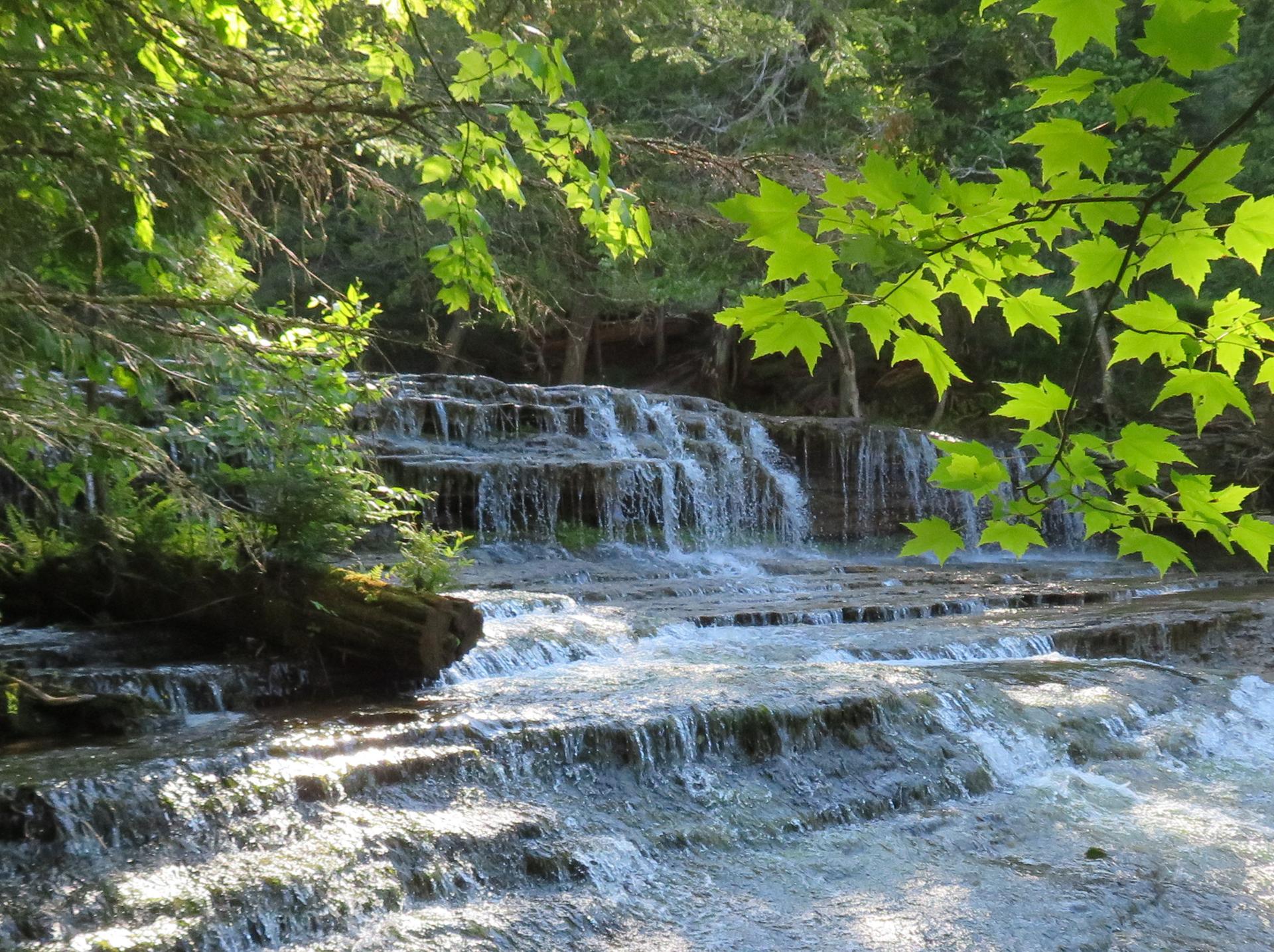Sunlit tiered waterfall cascades through a lush green forest.