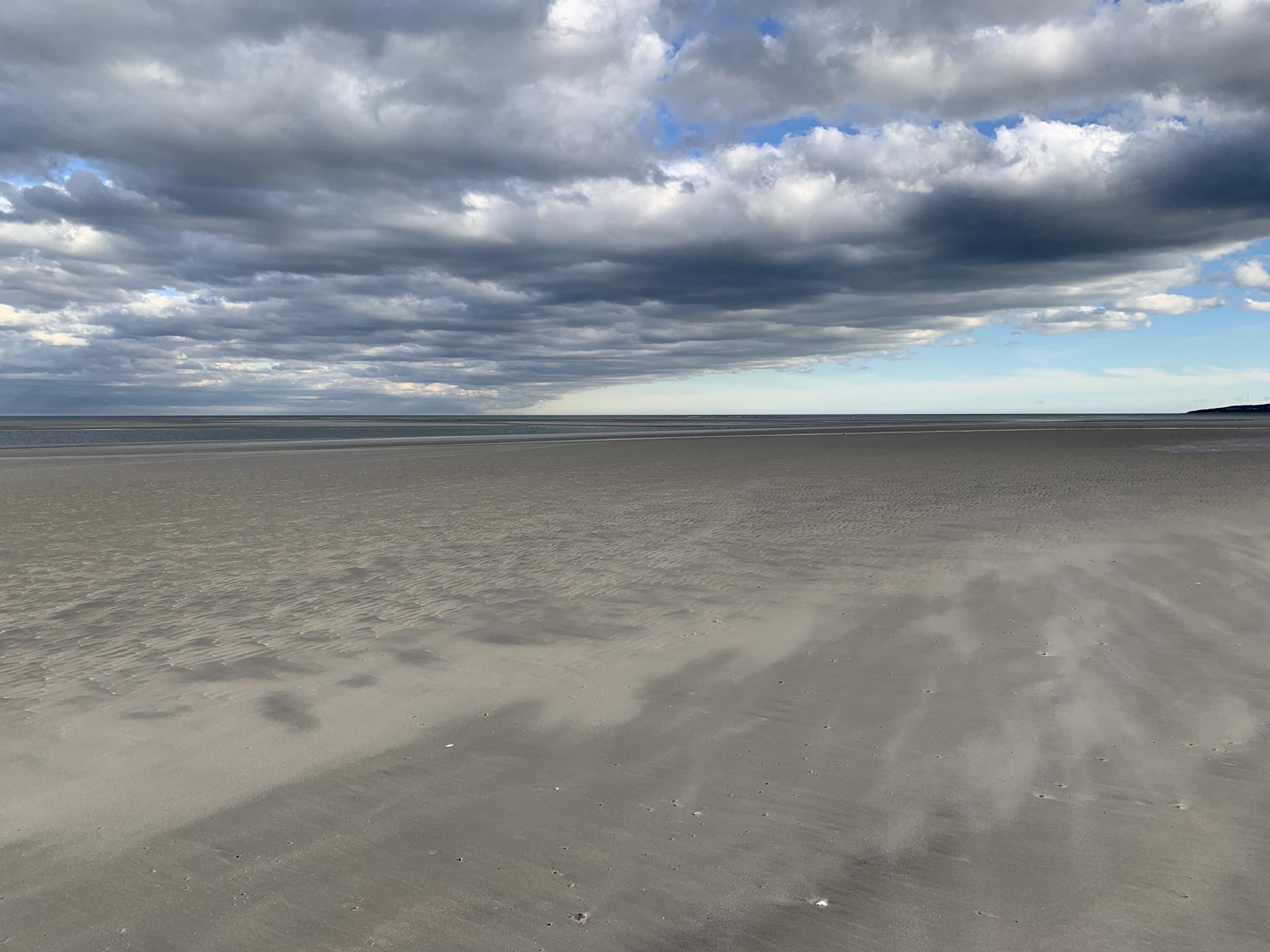 An expansive, flat sandy landscape under a dramatic, cloudy sky.